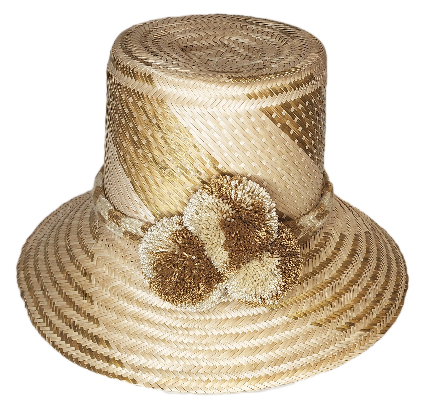 "Colorful handmade Wayuu hat from Iraca palm, adorned with cultural pompoms, adjustable for various styles and sizes."