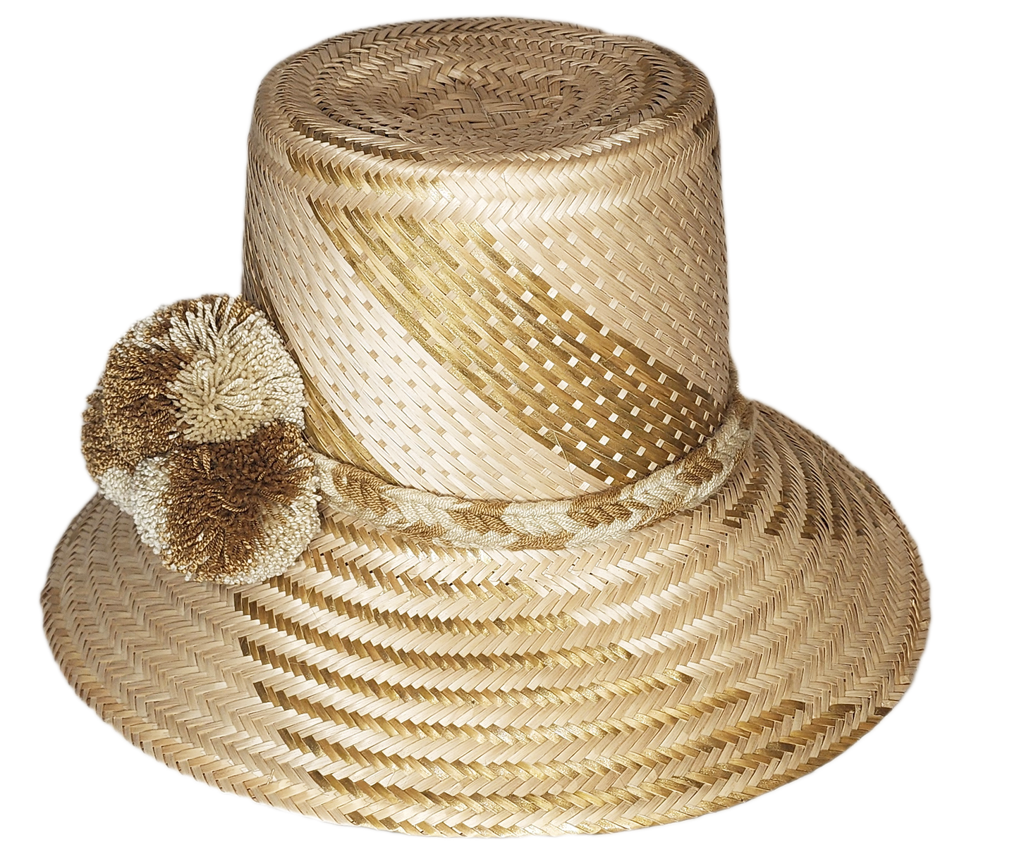 "Colorful handmade Wayuu hat from Iraca palm, adorned with cultural pompoms, adjustable for various styles and sizes."