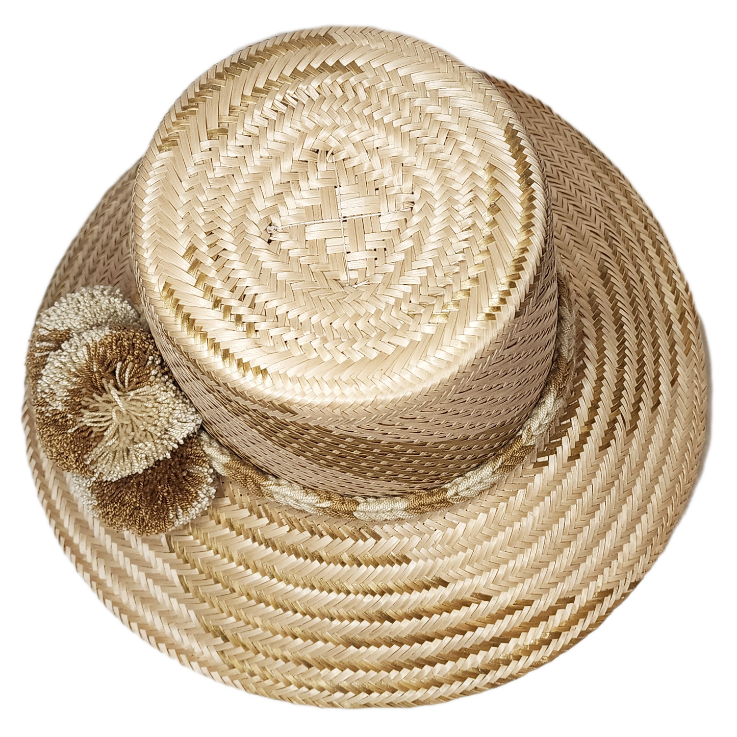 "Colorful handmade Wayuu hat from Iraca palm, adorned with cultural pompoms, adjustable for various styles and sizes."