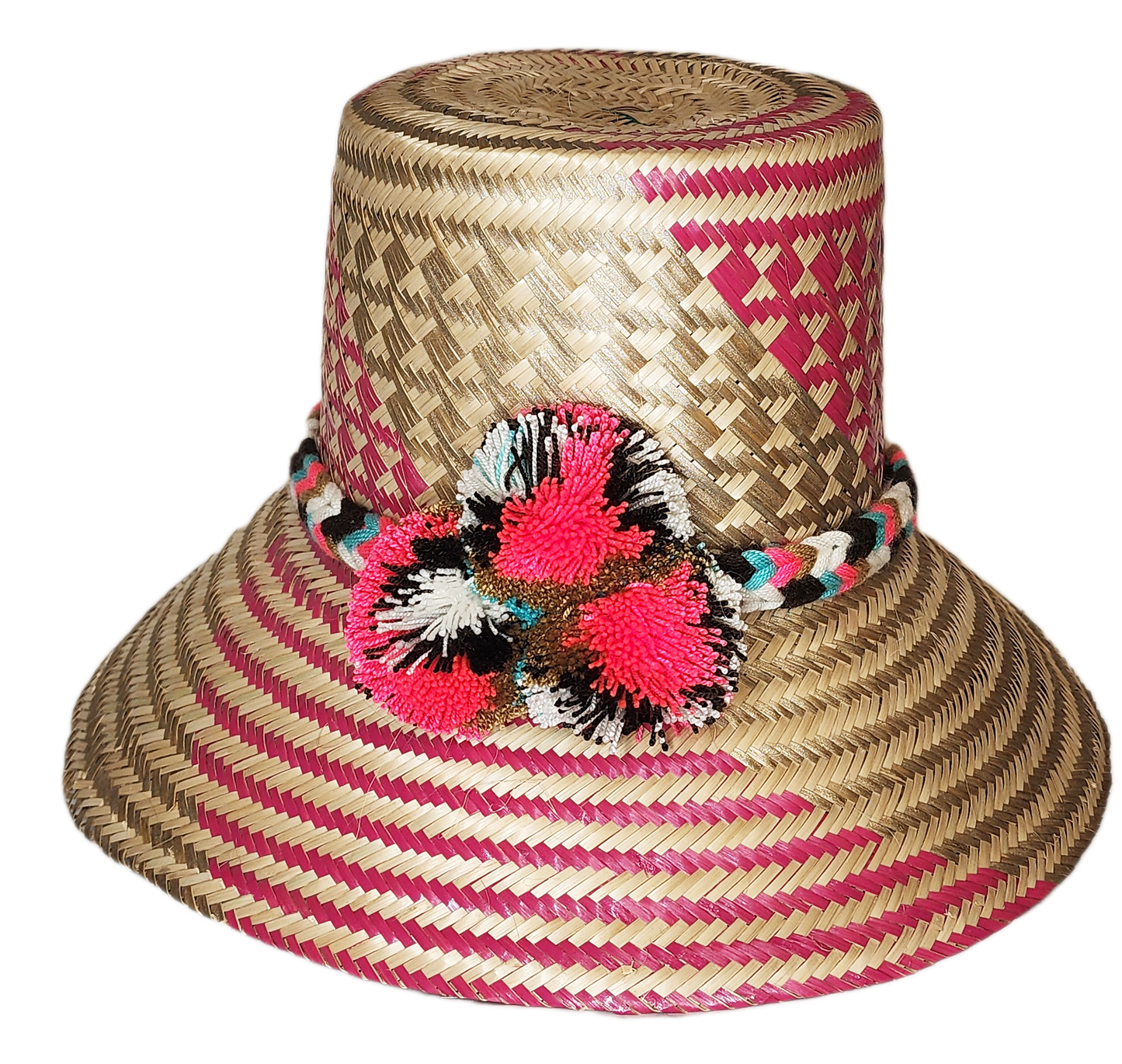 "Colorful handmade Wayuu hat from Iraca palm fibers, adorned with meaningful pompoms, supporting Wayuu Taya Foundation."