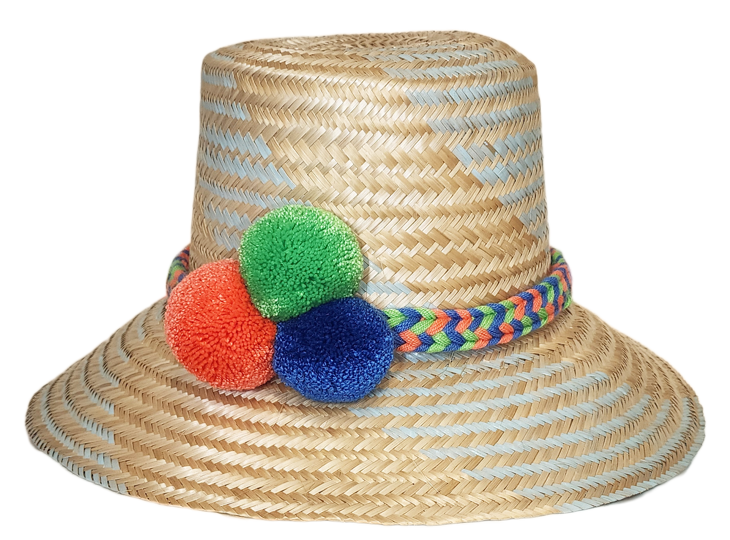 "Colorful handmade Wayuu hat from Iraca palm fibers, adorned with symbolic pompoms, showcasing traditional Colombian and Vene