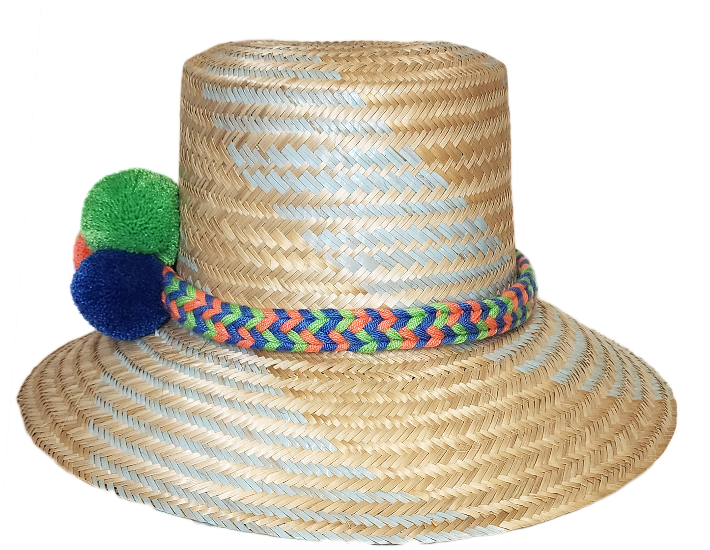 "Colorful handmade Wayuu hat from Iraca palm fibers, adorned with symbolic pompoms, showcasing traditional Colombian and Vene
