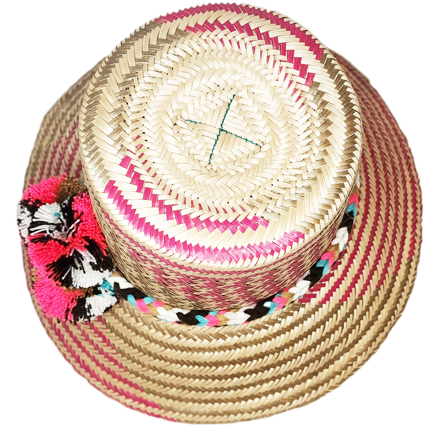 "Colorful handmade Wayuu hat from Iraca palm fibers, adorned with meaningful pompoms, supporting Wayuu Taya Foundation."
