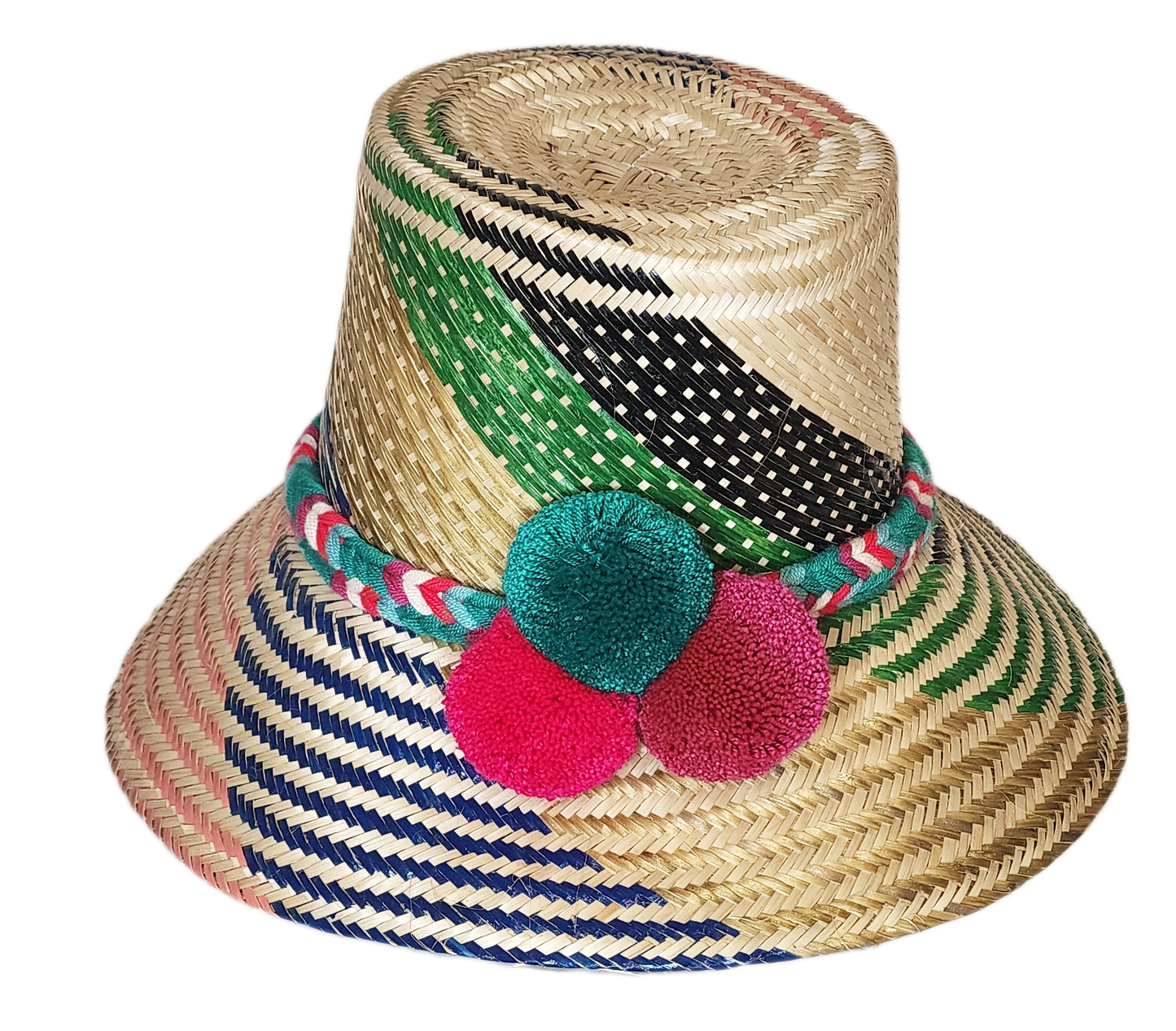"Colorful handmade Wayuu hat made from Iraca palm fibers, adjustable and adorned with significant pompoms."