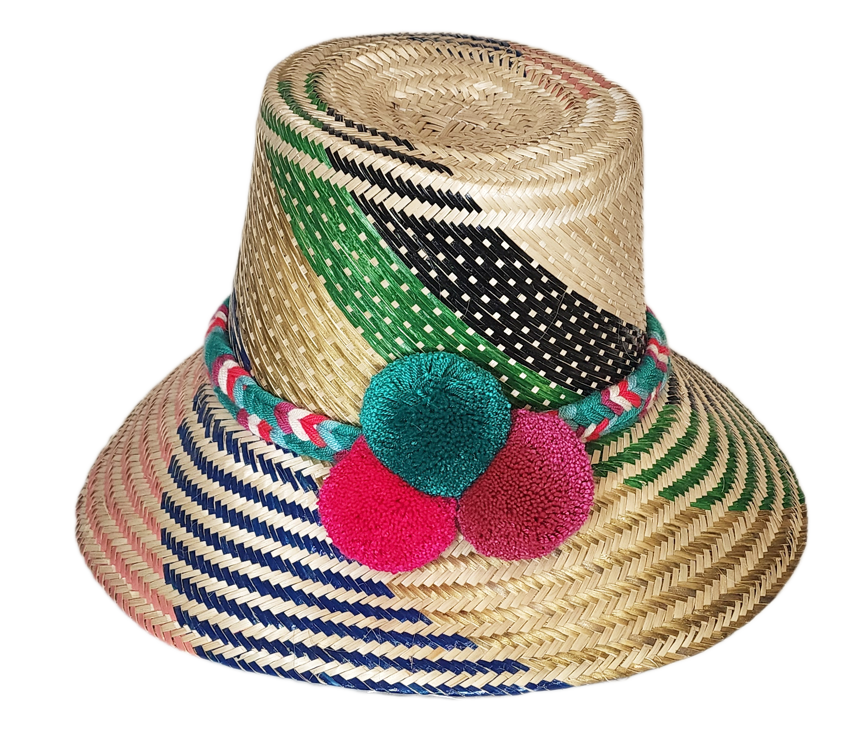 "Colorful handmade Wayuu hat made from Iraca palm fibers, adjustable and adorned with significant pompoms."