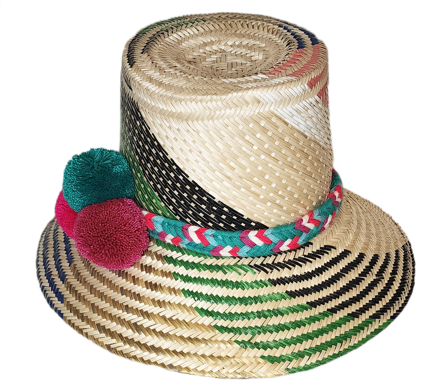 "Colorful handmade Wayuu hat made from Iraca palm fibers, adjustable and adorned with significant pompoms."