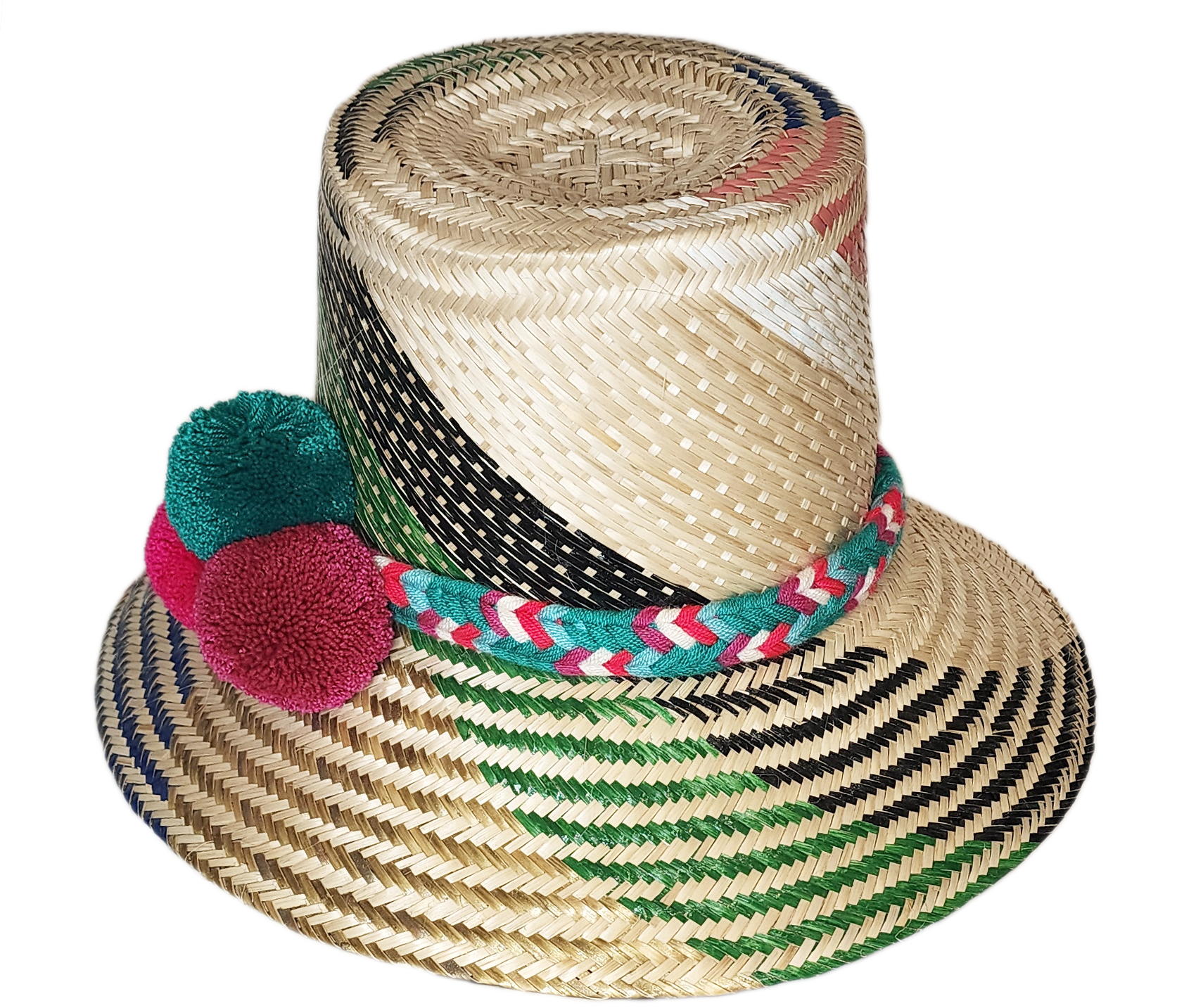 "Colorful handmade Wayuu hat made from Iraca palm fibers, adjustable and adorned with significant pompoms."