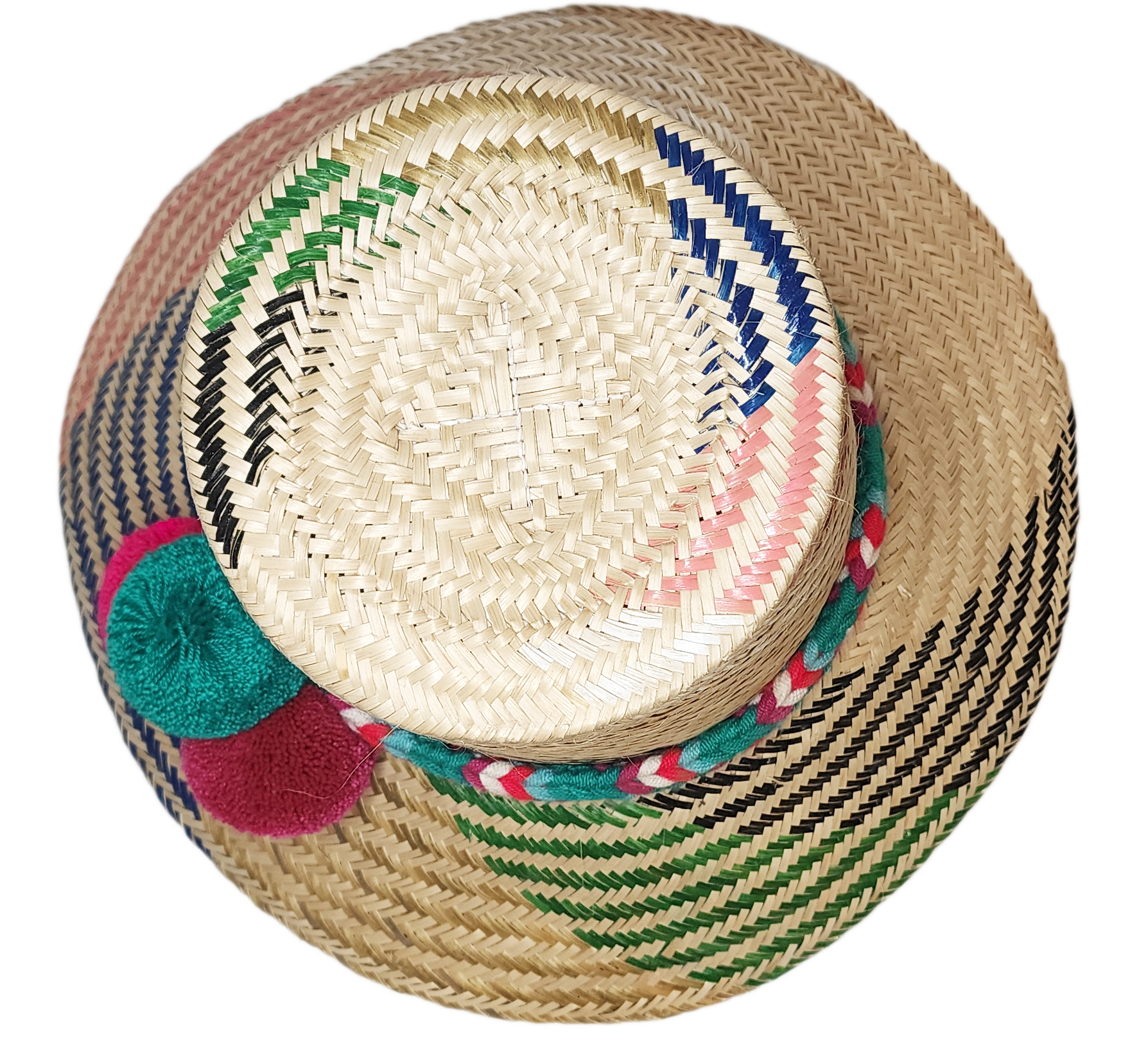 "Colorful handmade Wayuu hat made from Iraca palm fibers, adjustable and adorned with significant pompoms."