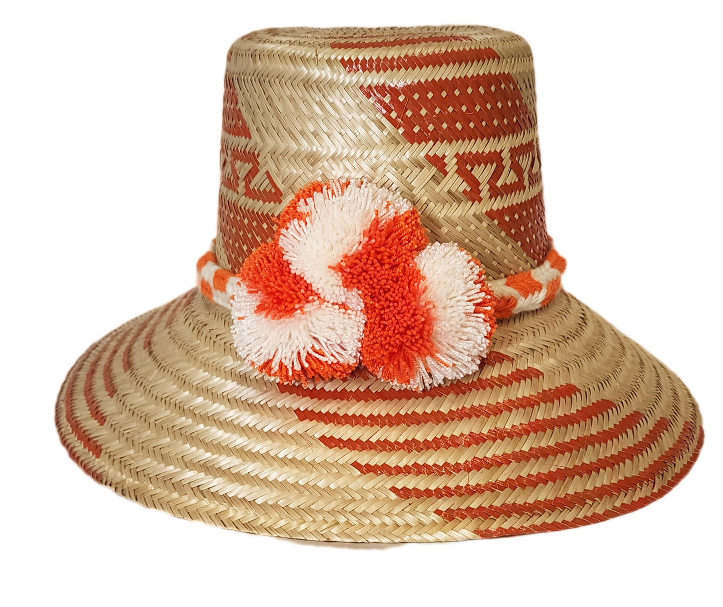 "Colorful handmade Wayuu hat woven from Iraca palm fibers, adorned with meaningful pompoms, highlighting Wayuu culture."