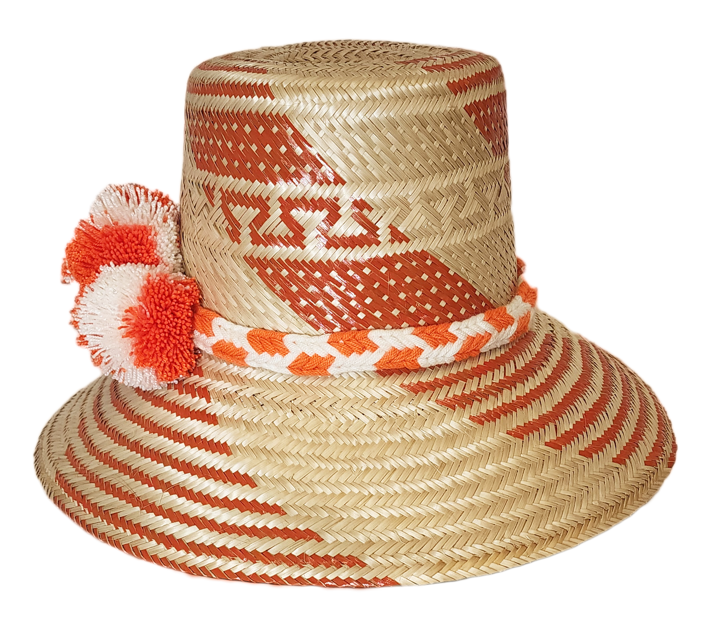"Colorful handmade Wayuu hat woven from Iraca palm fibers, adorned with meaningful pompoms, highlighting Wayuu culture."