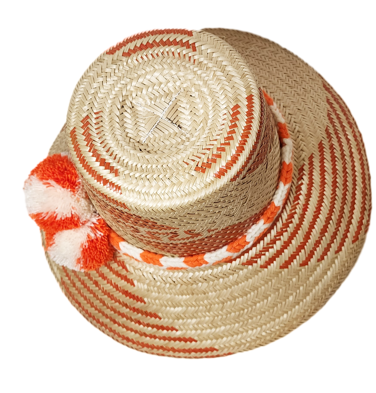 "Colorful handmade Wayuu hat woven from Iraca palm fibers, adorned with meaningful pompoms, highlighting Wayuu culture."
