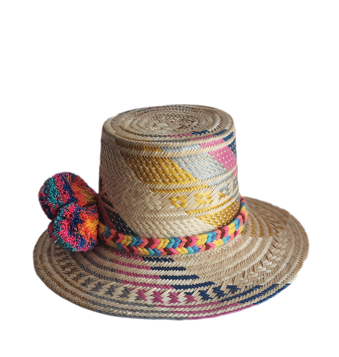 "Colorful handmade Wayuu hat woven from Iraca palm fibers by Colombian and Venezuelan artisans, adorned with traditional pomp