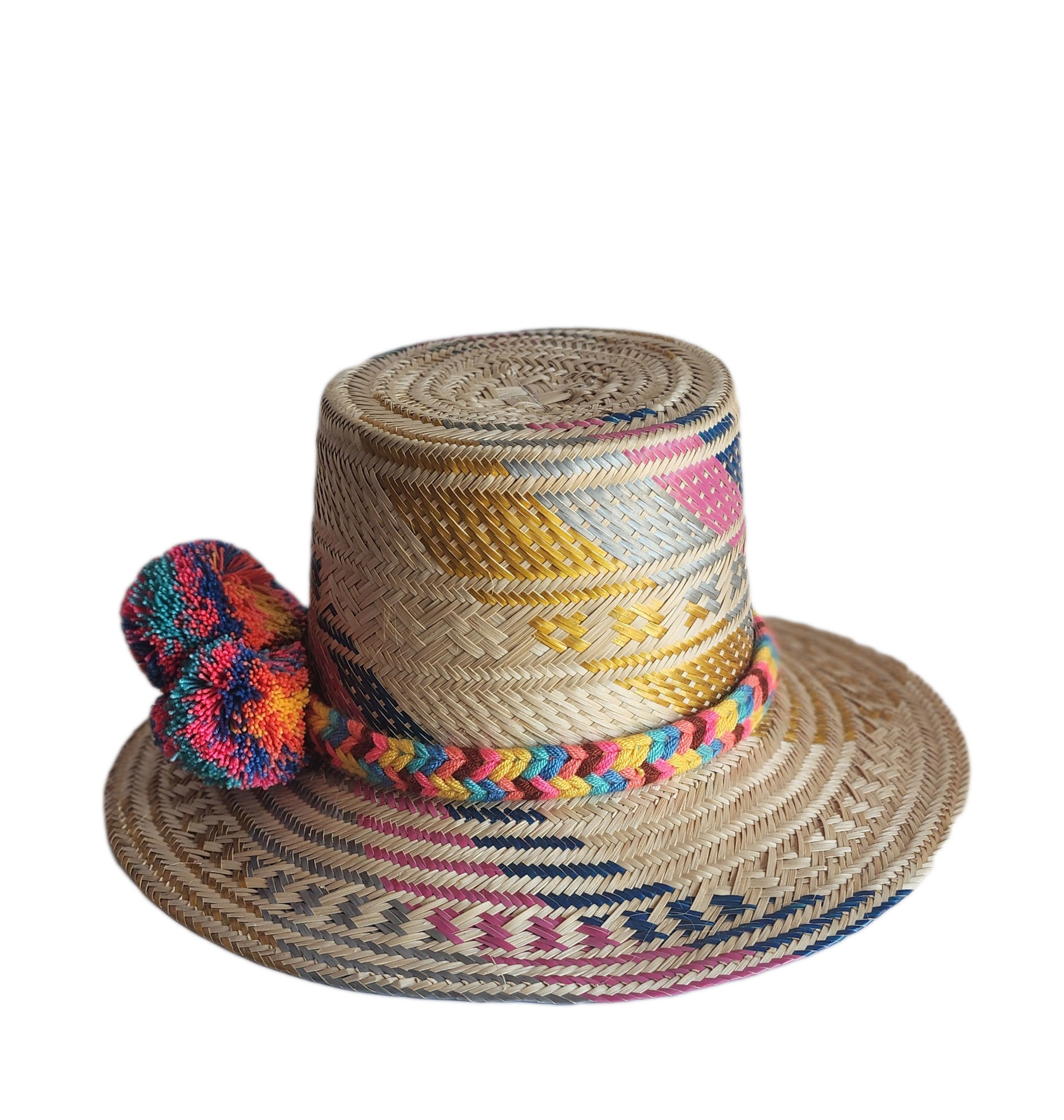 "Colorful handmade Wayuu hat woven from Iraca palm fibers by Colombian and Venezuelan artisans, adorned with traditional pomp