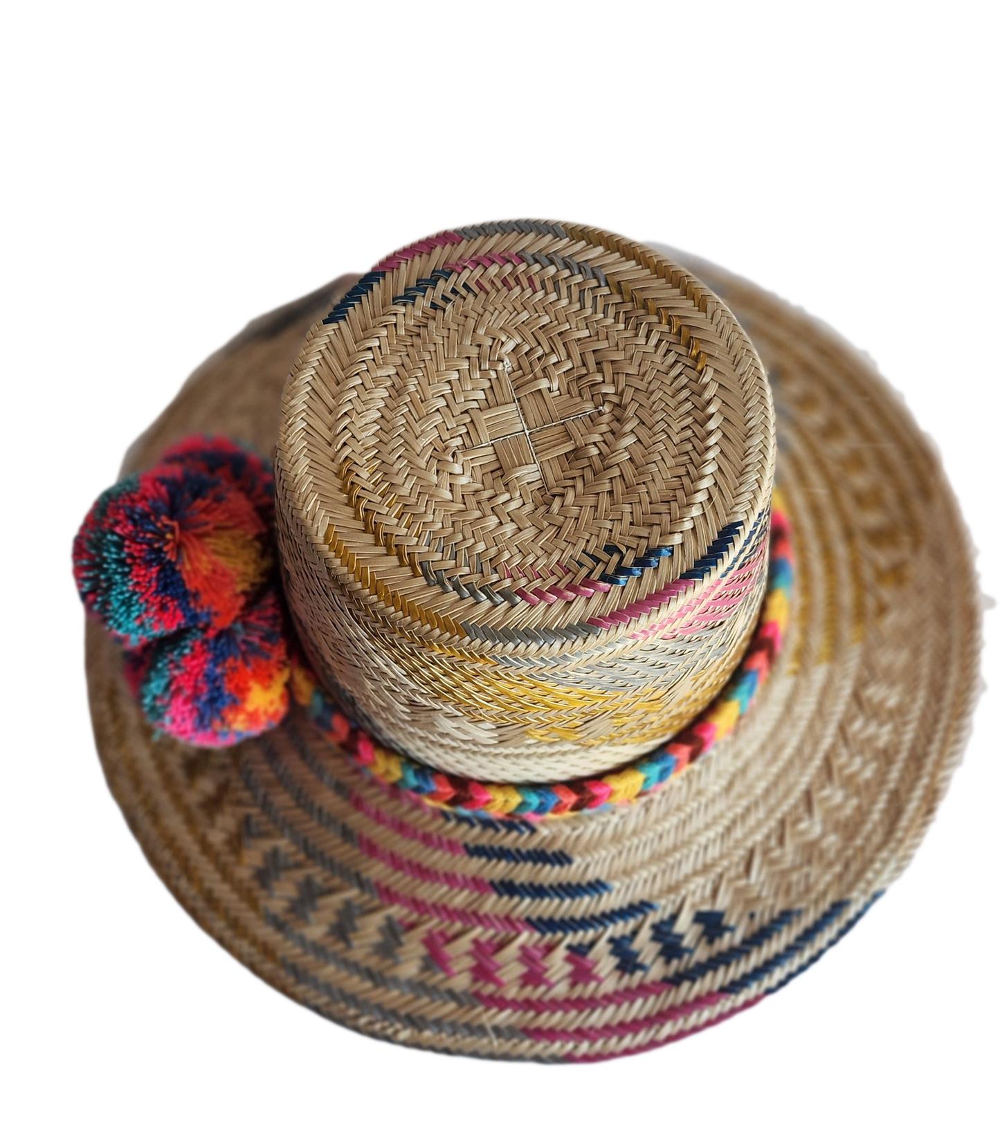 "Colorful handmade Wayuu hat woven from Iraca palm fibers by Colombian and Venezuelan artisans, adorned with traditional pomp