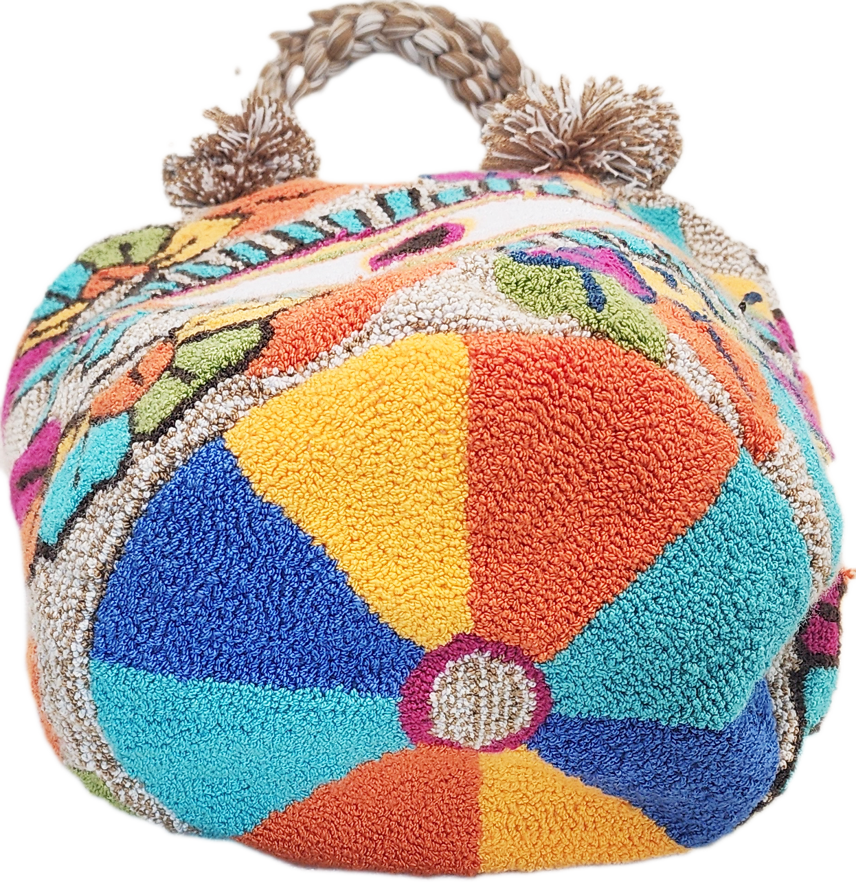 "Colorful handmade Wuitusu Artisan Wayuu crochet bag with vibrant punch needle patterns and a short handle."