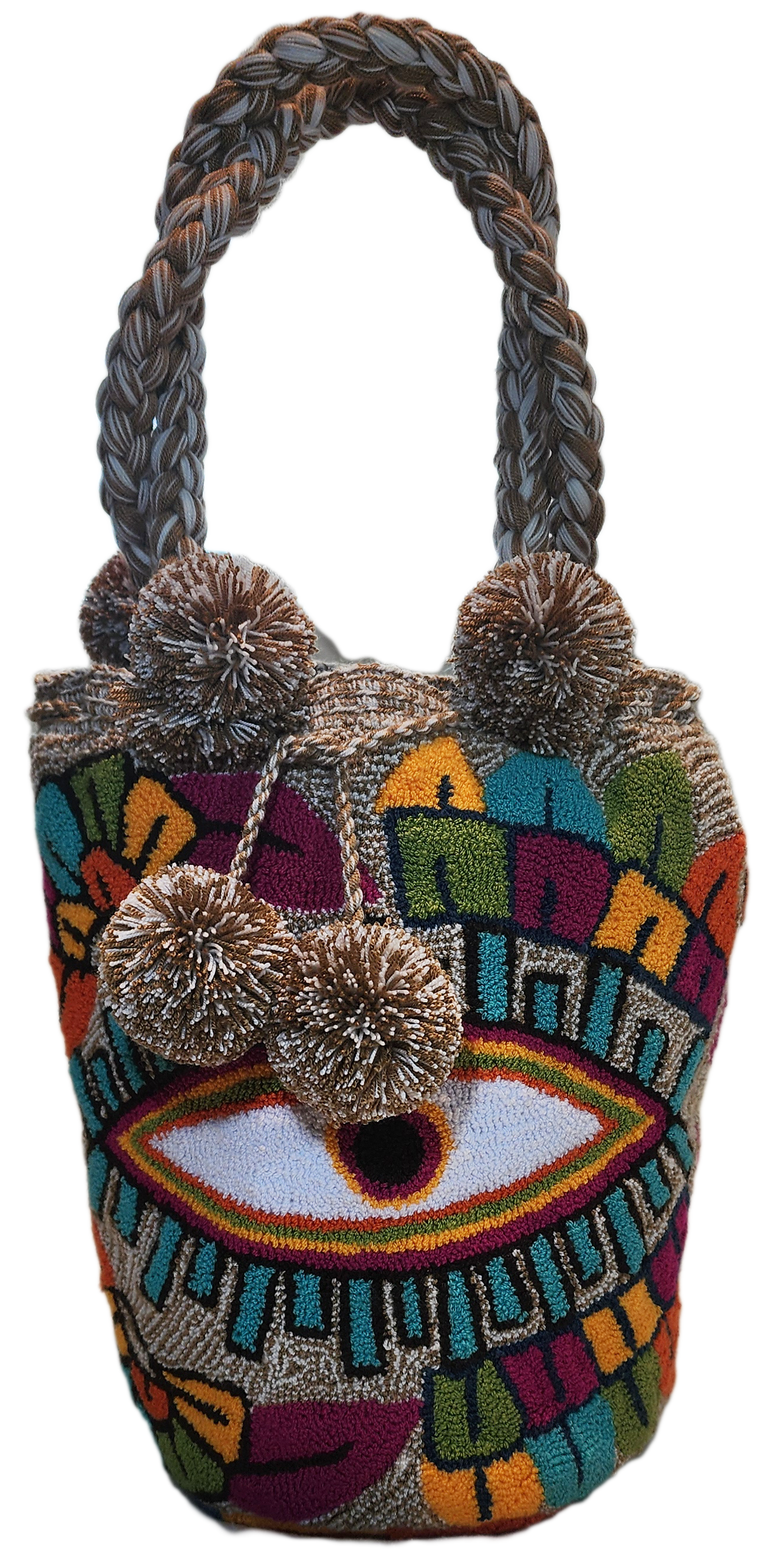 "Colorful handmade Wuitusu Artisan Wayuu crochet bag with vibrant punch needle patterns and a short handle."