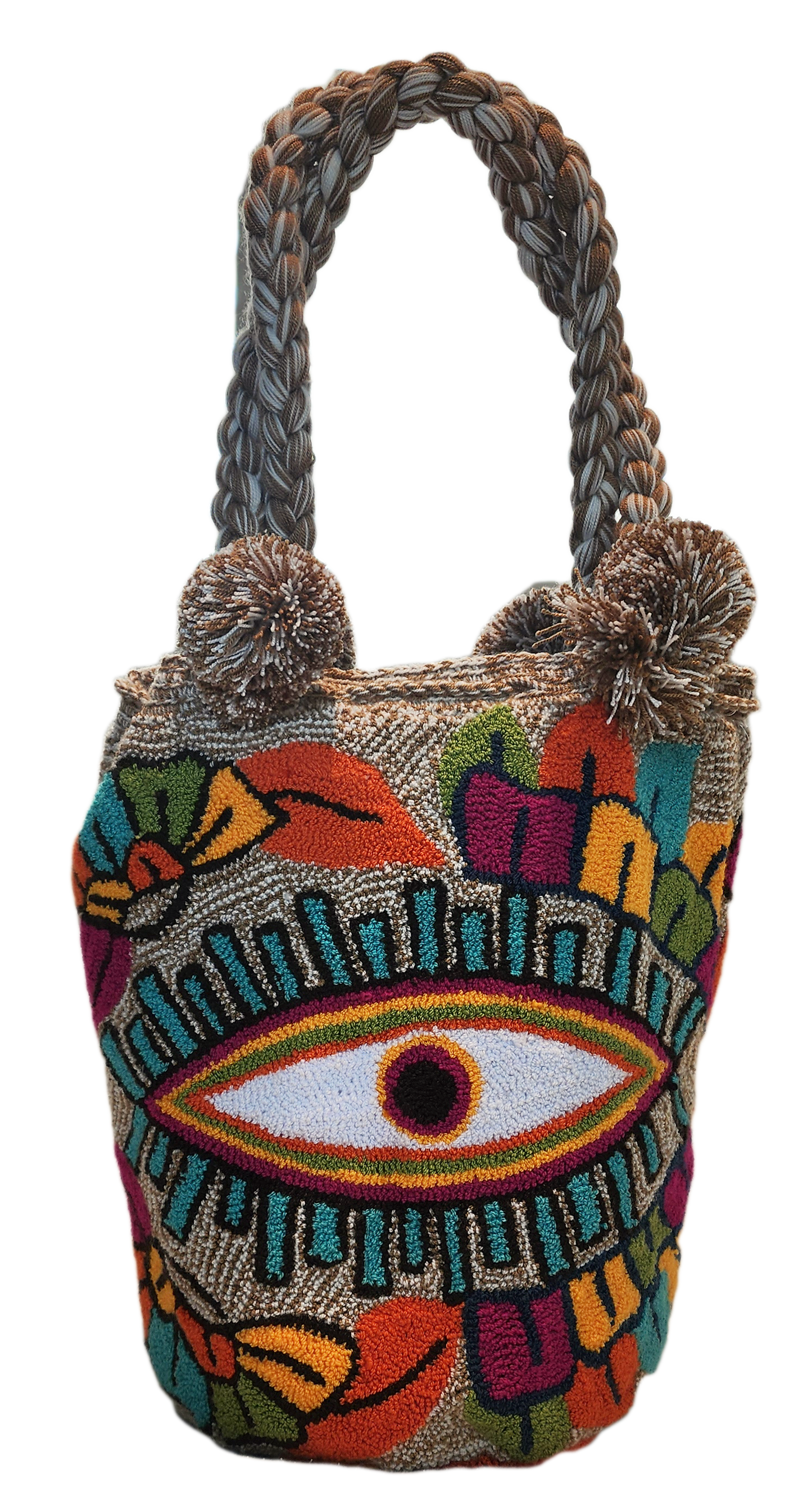 "Colorful handmade Wuitusu Artisan Wayuu crochet bag with vibrant punch needle patterns and a short handle."