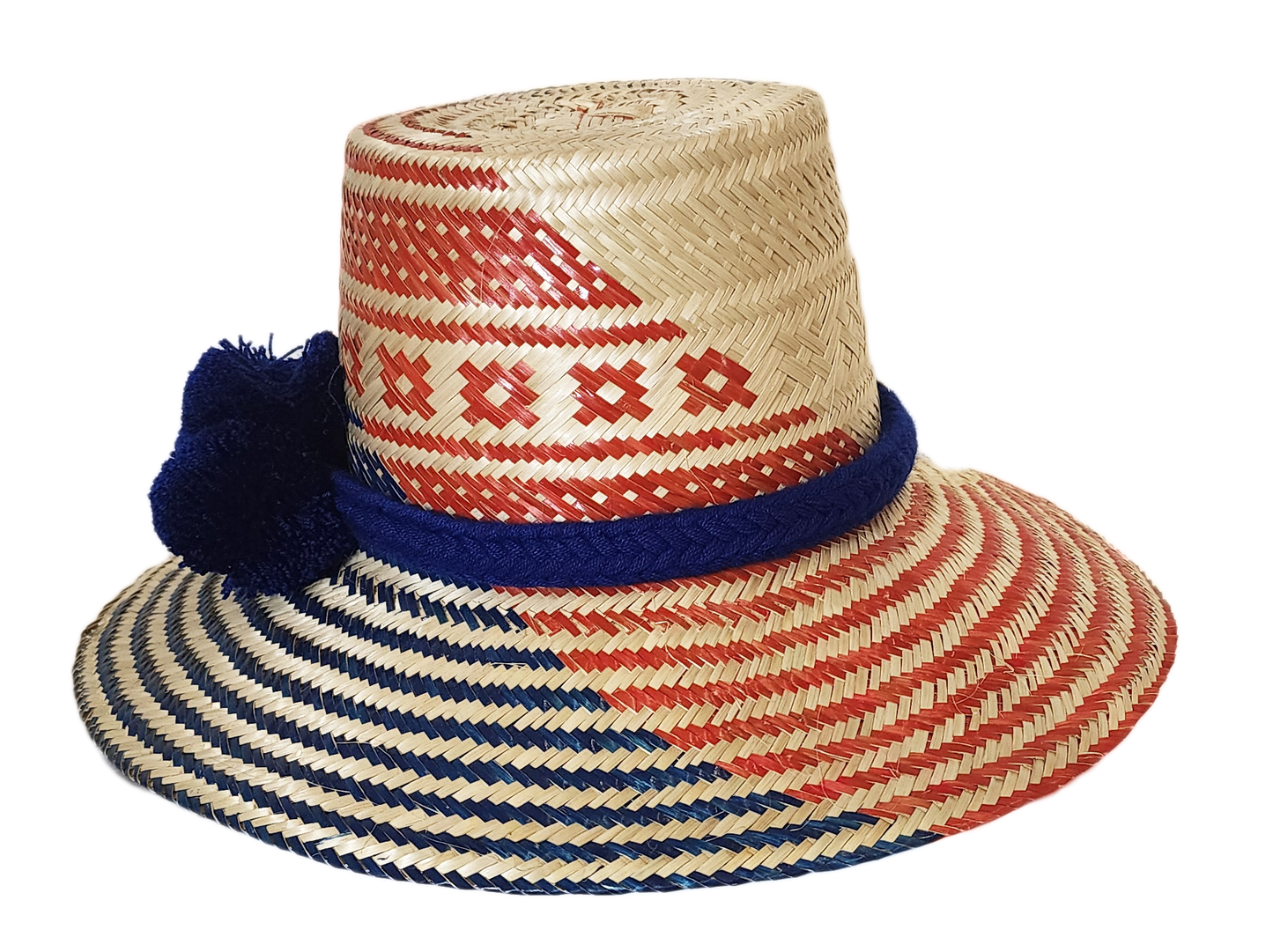 "Colorful, handmade Wuitusu Artisan Wayuu Hat from Colombia and Venezuela, adorned with culturally significant pompoms."