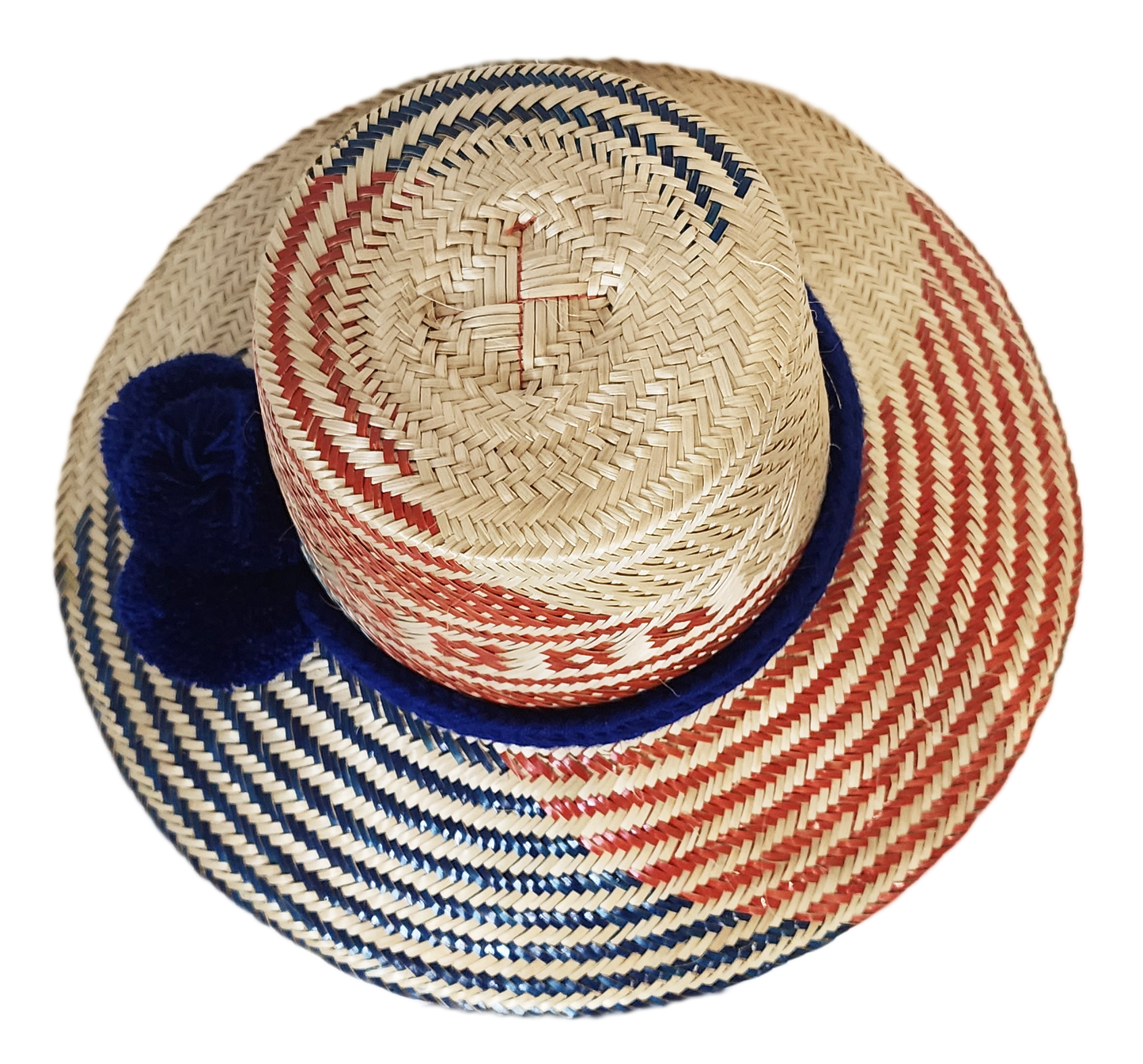 "Colorful, handmade Wuitusu Artisan Wayuu Hat from Colombia and Venezuela, adorned with culturally significant pompoms."