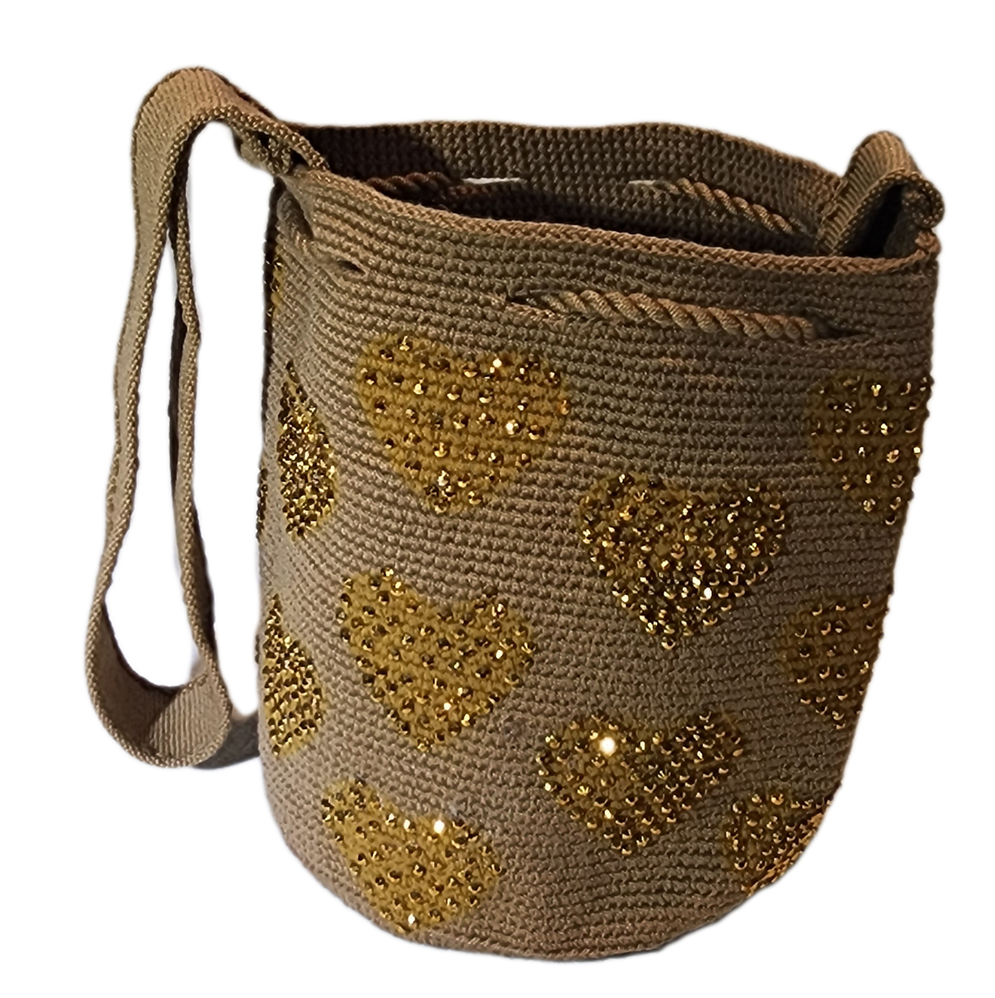 "Colorful handmade Wuitusu Wayuu crochet bag, crafted by artisans, featuring vibrant patterns and a long, stretchy strap for