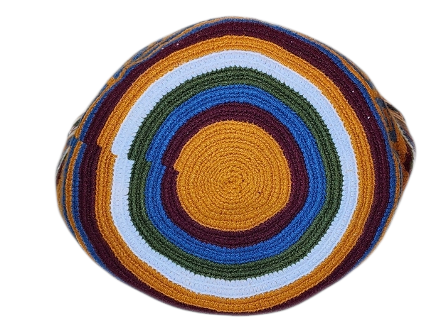 "Colorful handmade Wuitusu Wayuu crochet bag with short handle, displaying unique patterns and artisan craftsmanship."