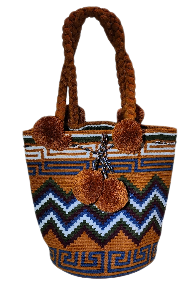"Colorful handmade Wuitusu Wayuu crochet bag with short handle, displaying unique patterns and artisan craftsmanship."