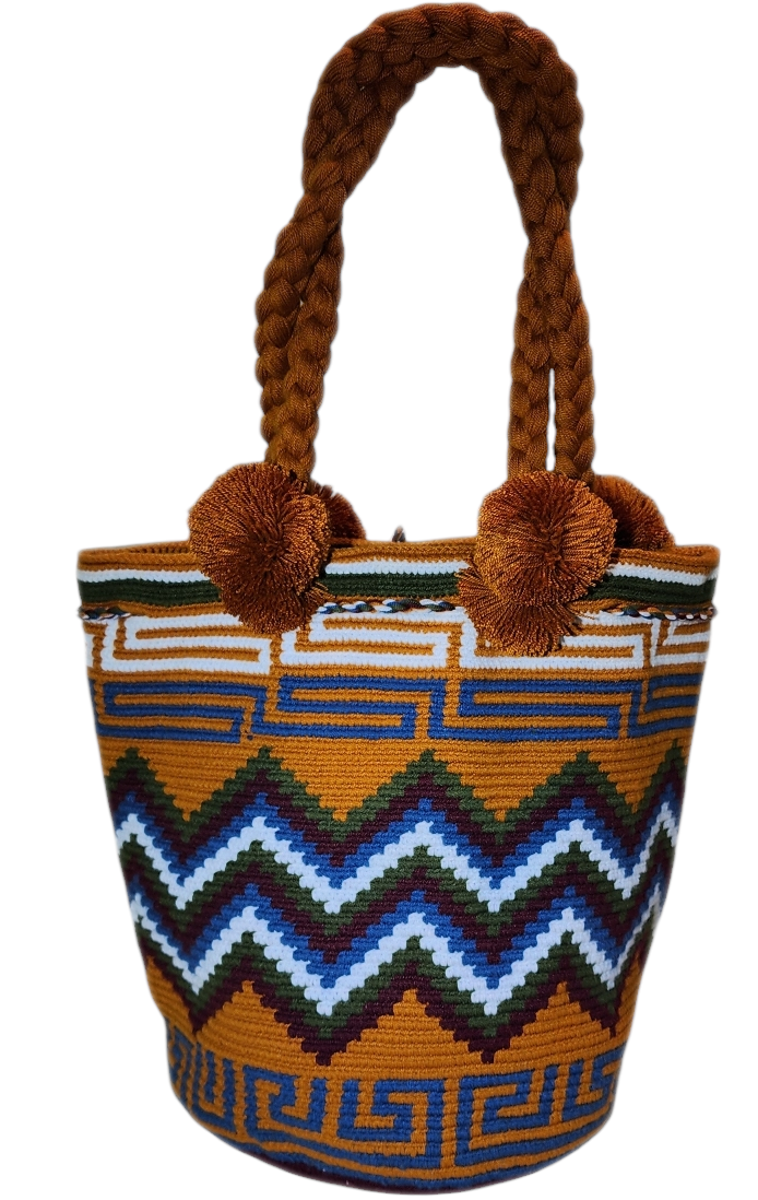 "Colorful handmade Wuitusu Wayuu crochet bag with short handle, displaying unique patterns and artisan craftsmanship."