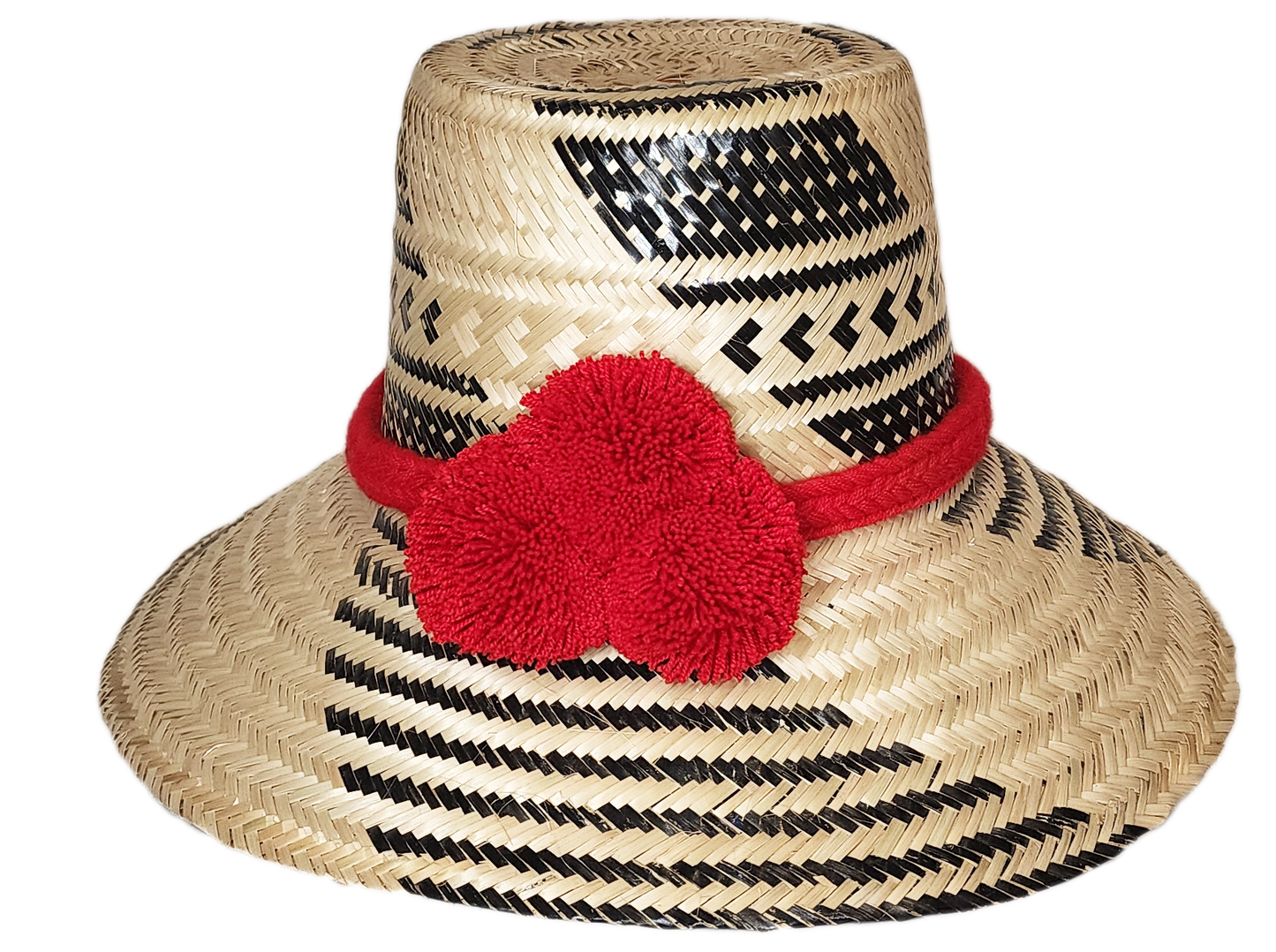 "Colorful handmade Wuitusu Wayuu Hat crafted from Iraca palm fibers, adorned with cultural pompoms for style and prosperity."