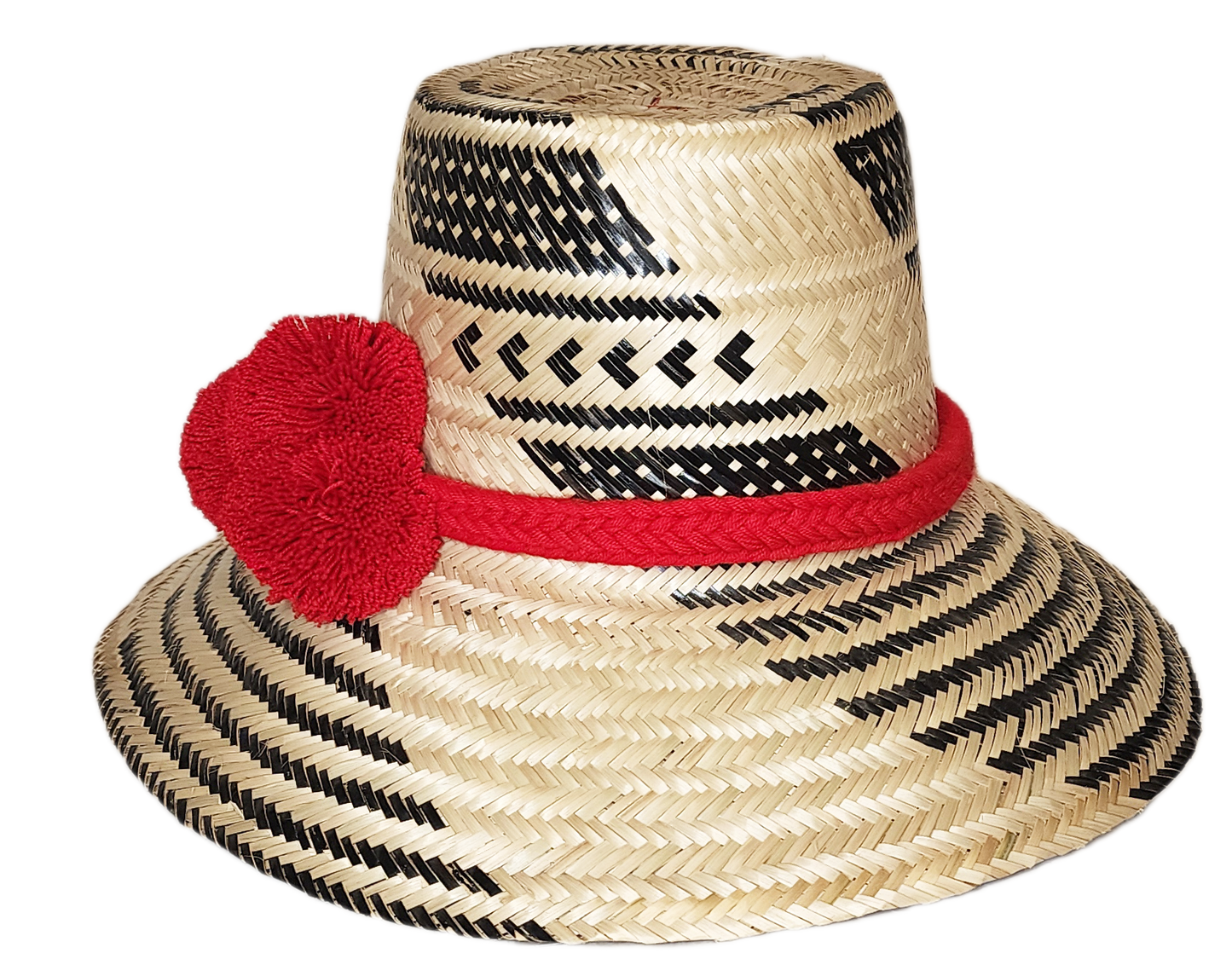 "Colorful handmade Wuitusu Wayuu Hat crafted from Iraca palm fibers, adorned with cultural pompoms for style and prosperity."