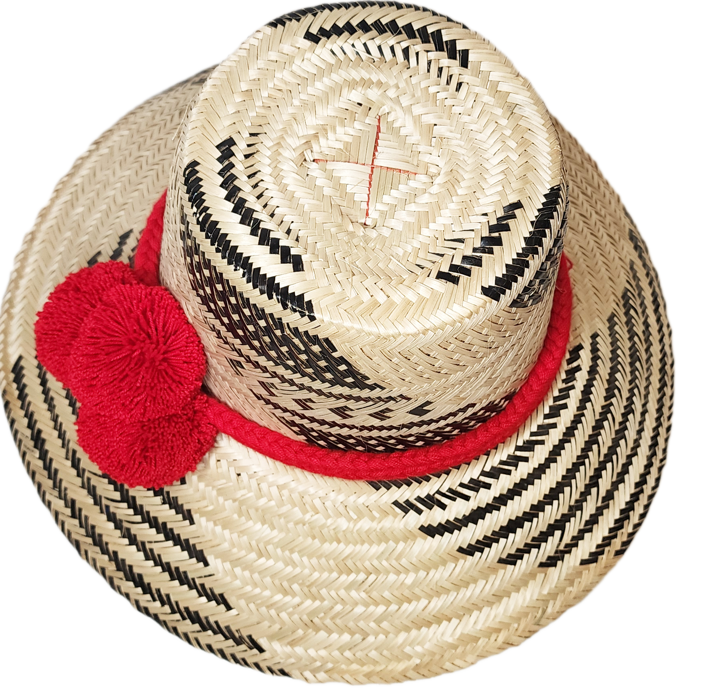 "Colorful handmade Wuitusu Wayuu Hat crafted from Iraca palm fibers, adorned with cultural pompoms for style and prosperity."