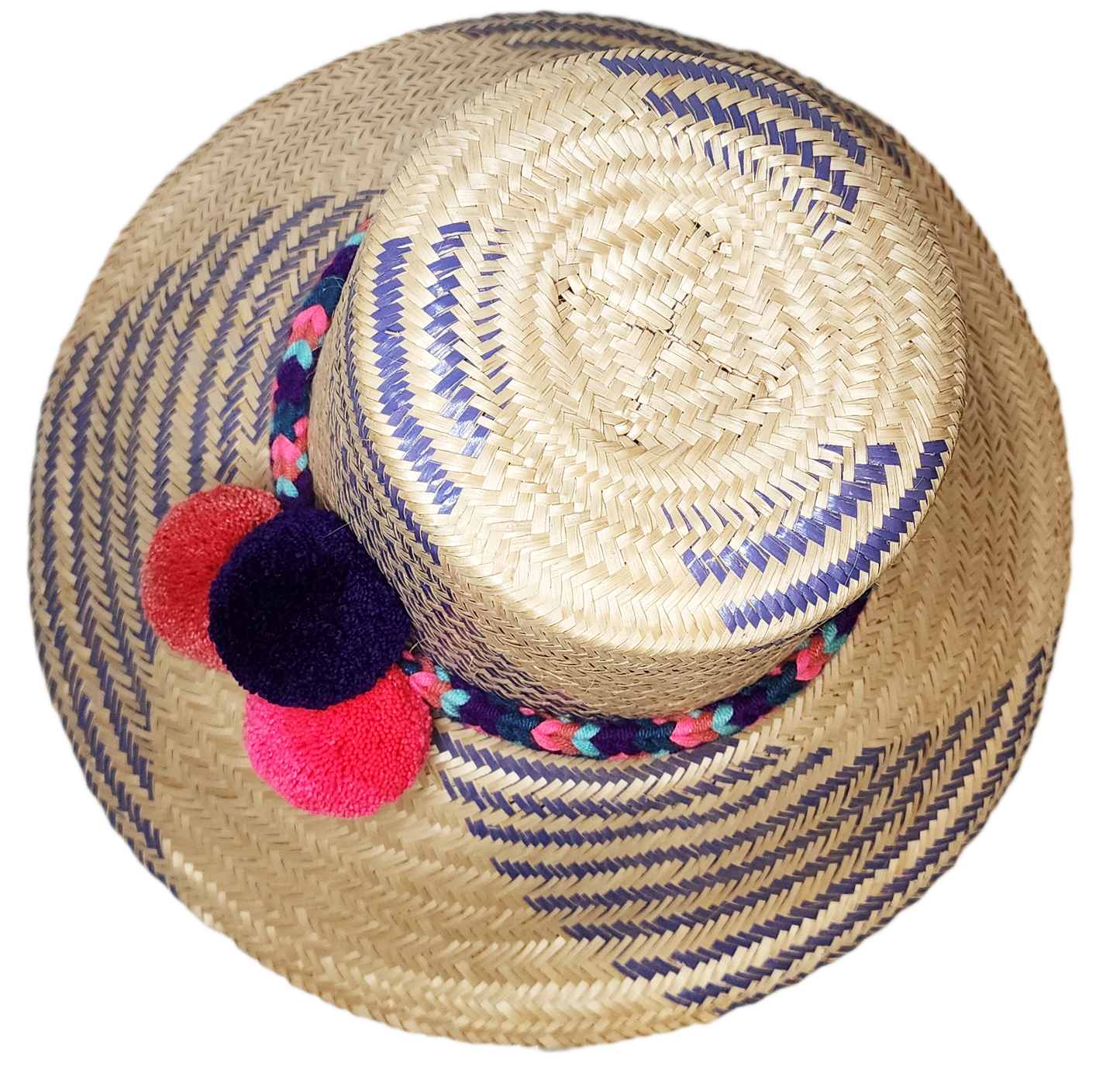"Colorful handmade Wuitusu Wayuu hat crafted from Iraca palm fiber, adorned with culturally significant pompoms, adjustable f