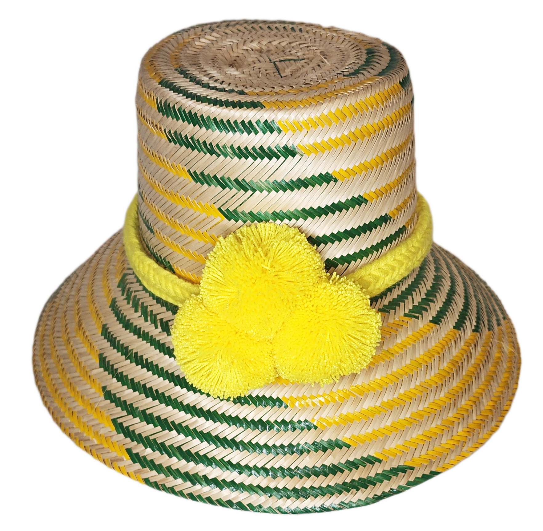 "Colorful handmade Wuitusu Wayuu hats crafted from Iraca palm fibers, featuring distinctive pompoms and versatile styling opt