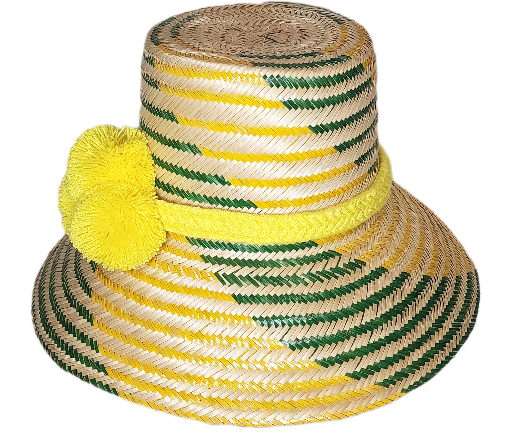 "Colorful handmade Wuitusu Wayuu hats crafted from Iraca palm fibers, featuring distinctive pompoms and versatile styling opt