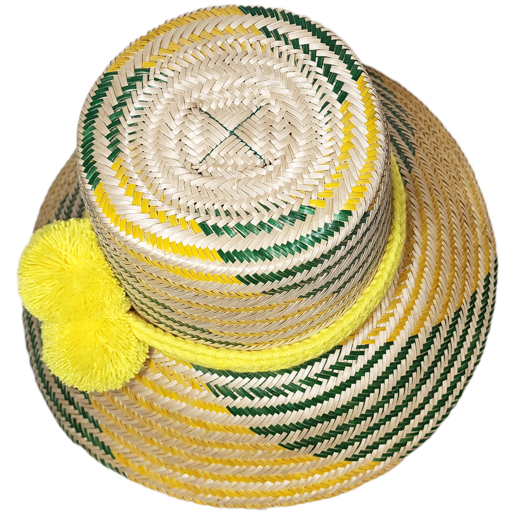 "Colorful handmade Wuitusu Wayuu hats crafted from Iraca palm fibers, featuring distinctive pompoms and versatile styling opt