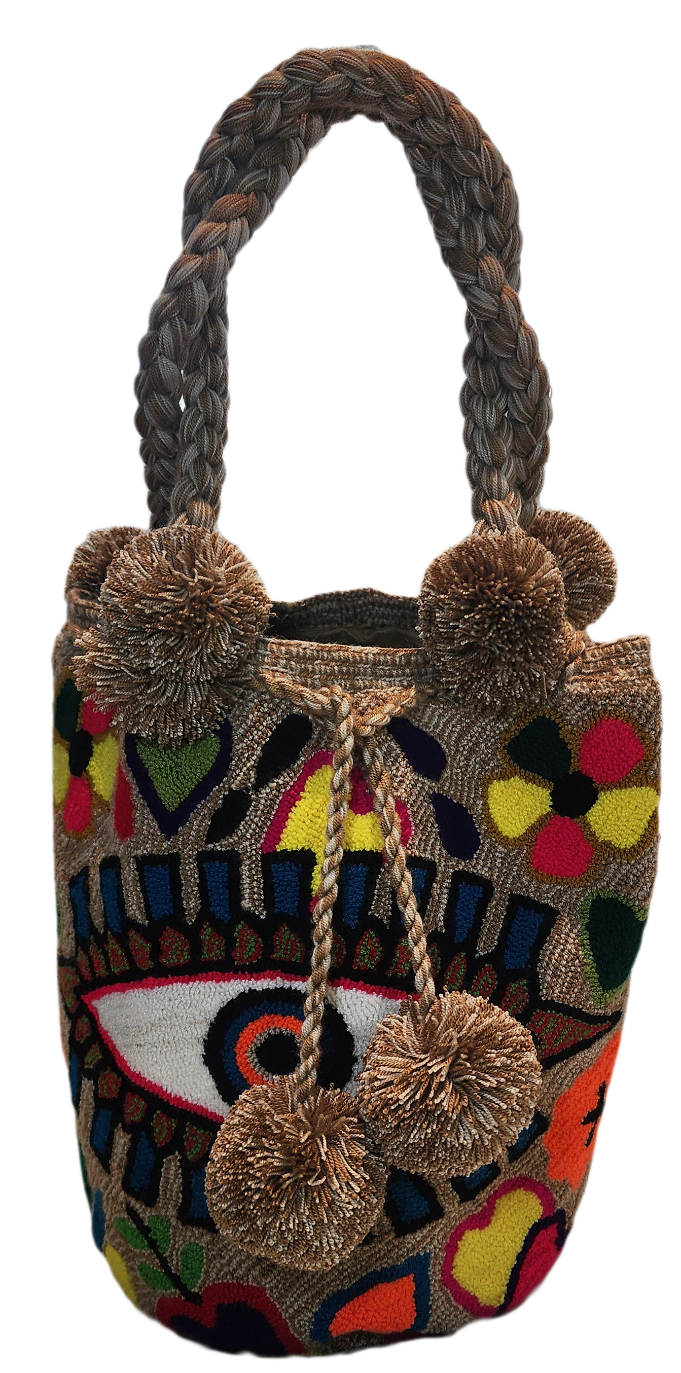 "Colorful handmade Wuitusu Wayuu punch needle crochet bag, featuring intricate patterns and a bohemian crossbody design."