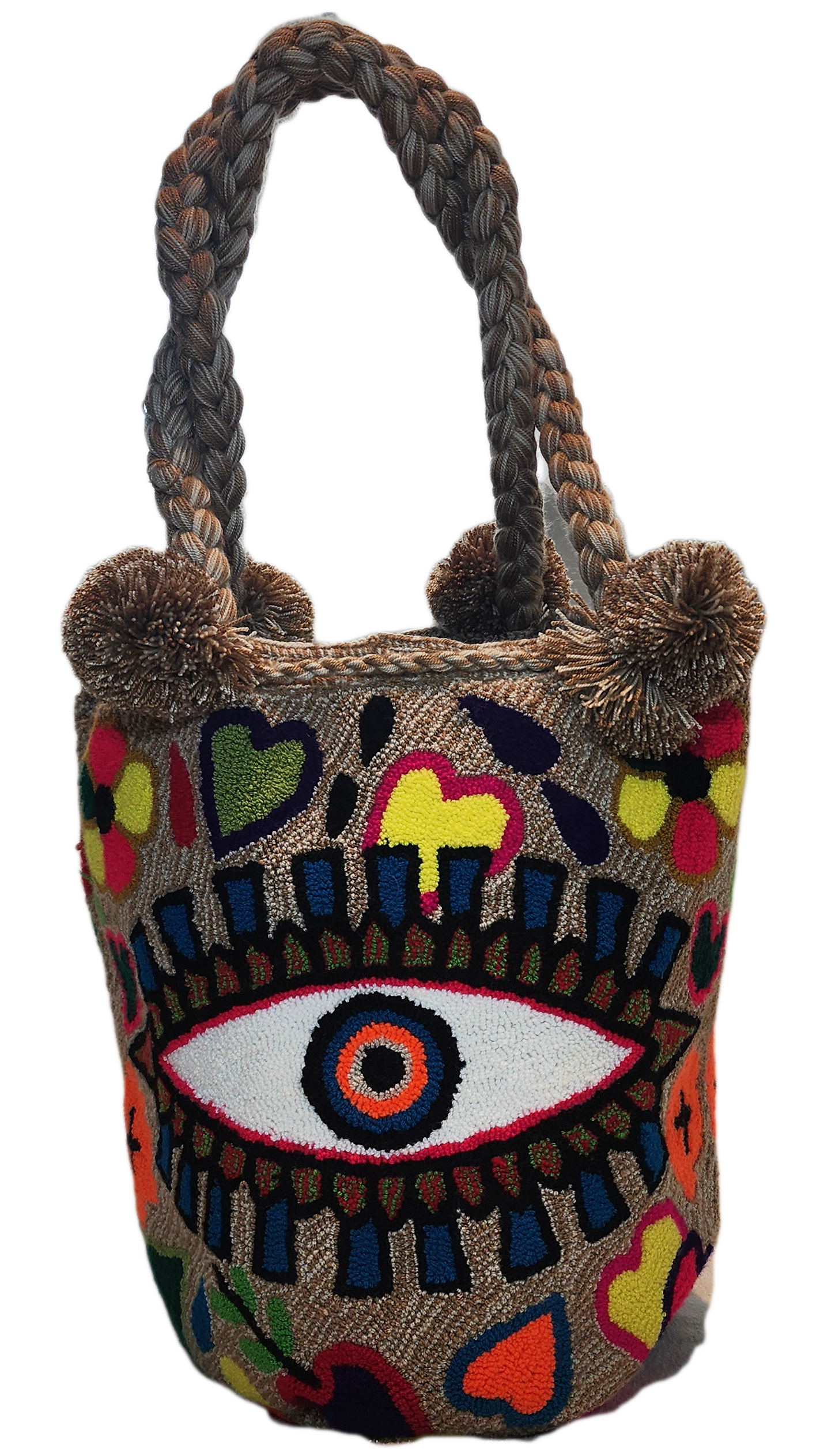 "Colorful handmade Wuitusu Wayuu punch needle crochet bag, featuring intricate patterns and a bohemian crossbody design."