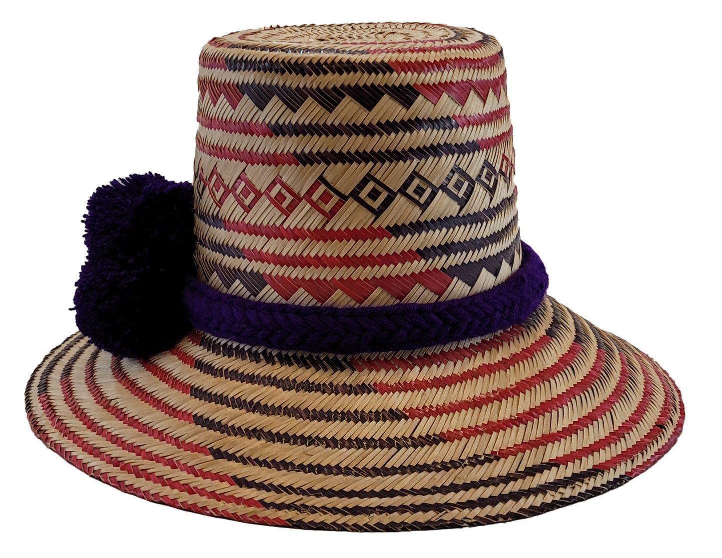 "Colorful handwoven Artisan Wayuu Hat made from iraca palm fibers, featuring a broad brim for sun protection and vibrant patt
