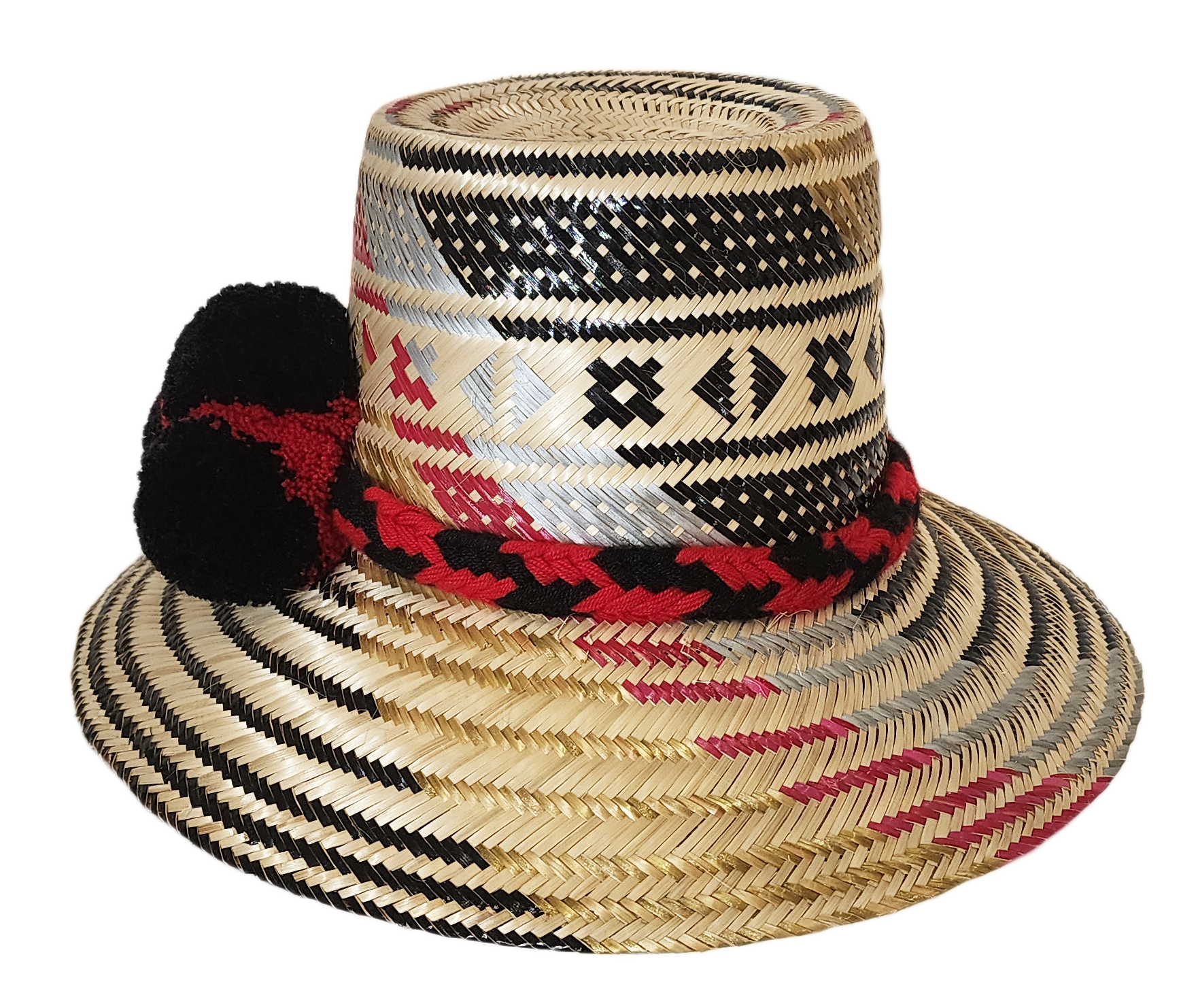 "Colorful, handwoven Wayuu hat from Wuitusu, adorned with culturally significant pompoms, offering flexible styling and sun p