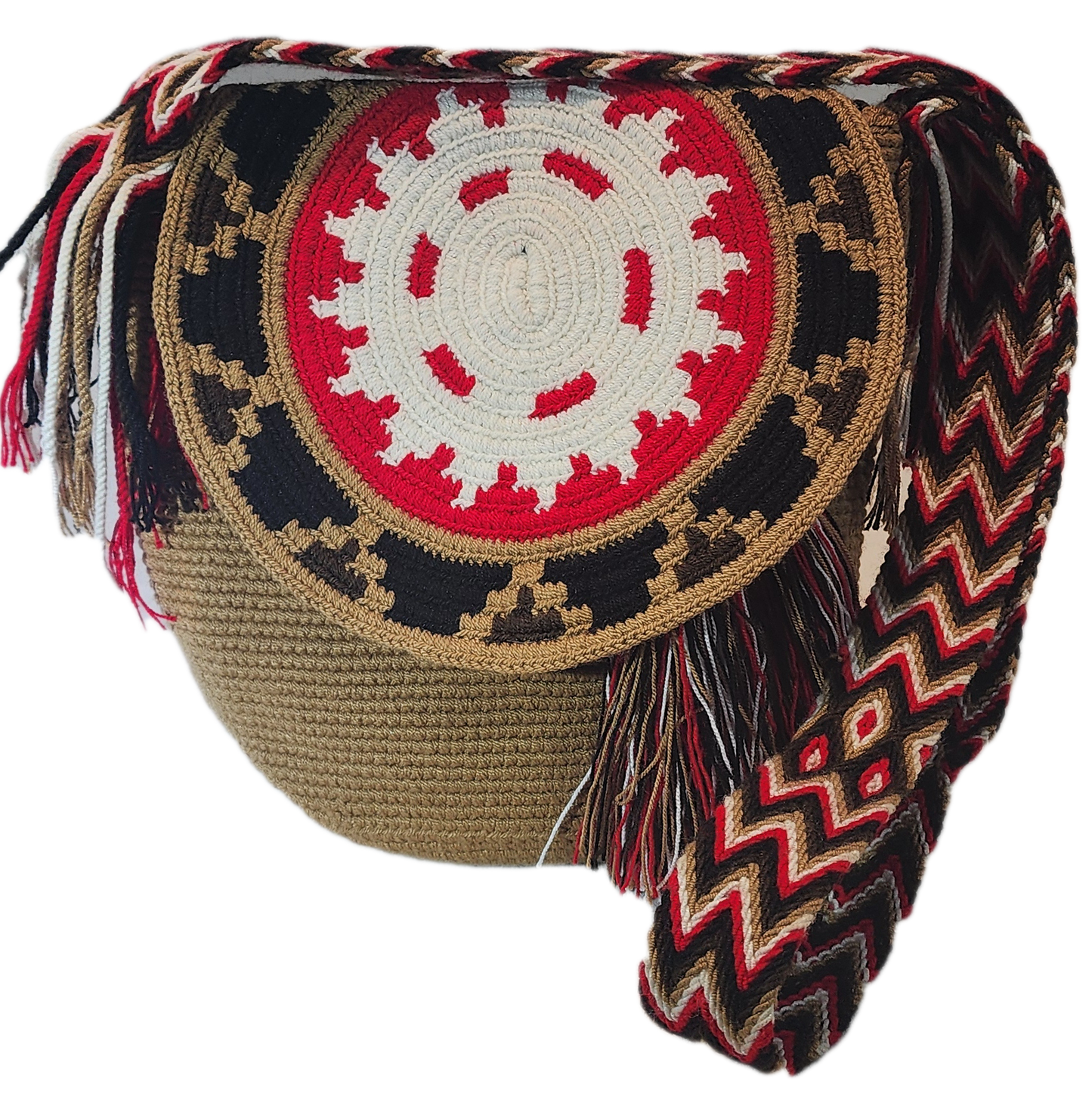 "Colorful medium-sized Wayuu crochet bag with a lid, featuring vibrant, nature-inspired motifs and geometric patterns, handma