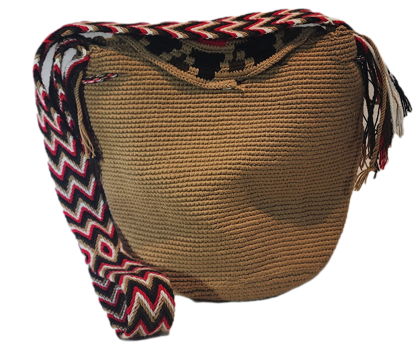 "Colorful medium-sized Wayuu crochet bag with a lid, featuring vibrant, nature-inspired motifs and geometric patterns, handma