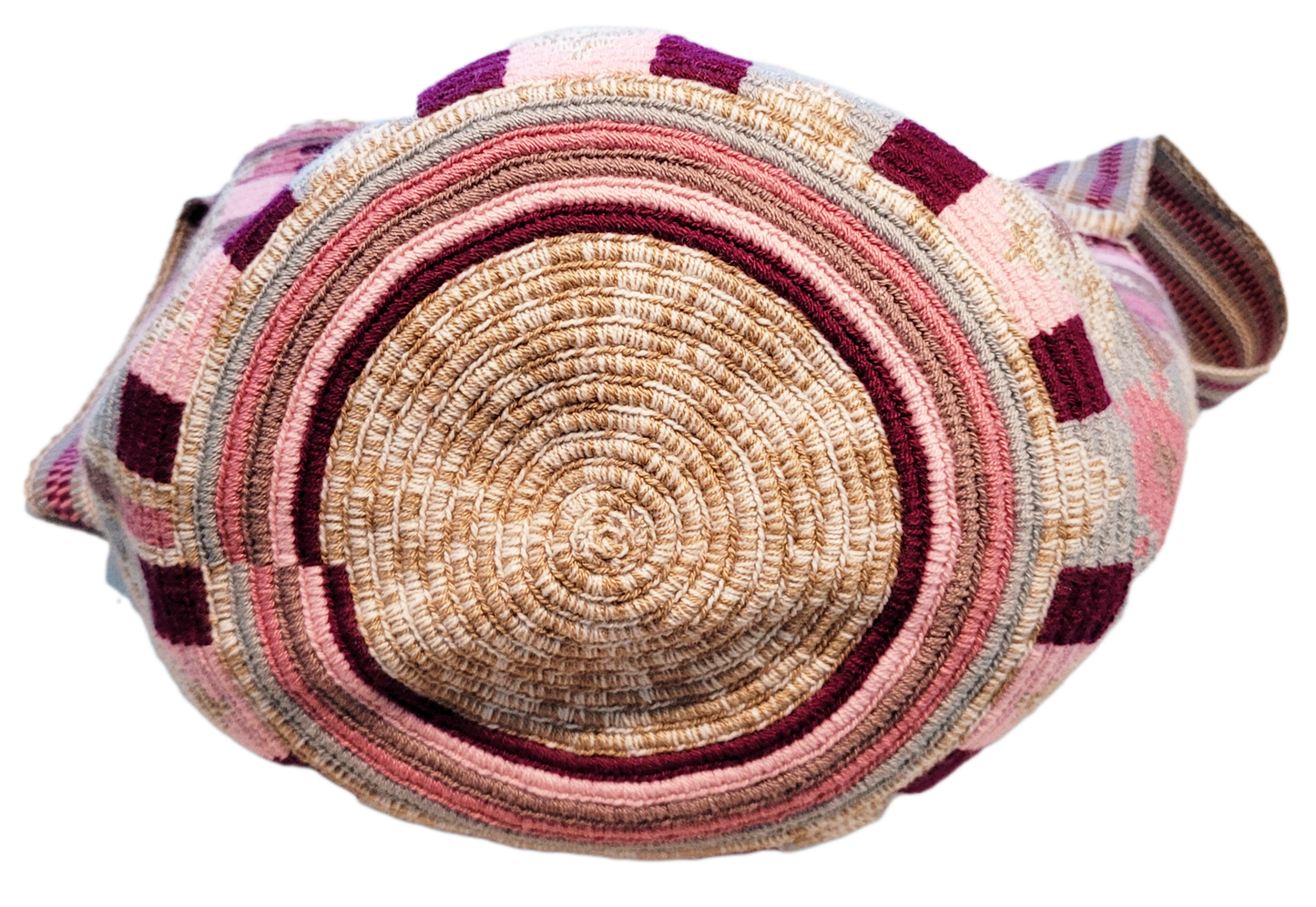 "Colorful Paleteada Crochet Wayuu Bag with metallic threads and adjustable handwoven straps, crafted by Colombian artisans."