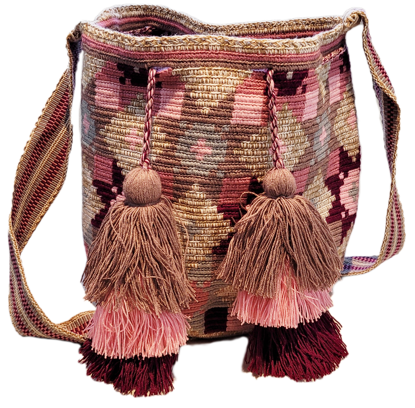 "Colorful Paleteada Crochet Wayuu Bag with metallic threads and adjustable handwoven straps, crafted by Colombian artisans."