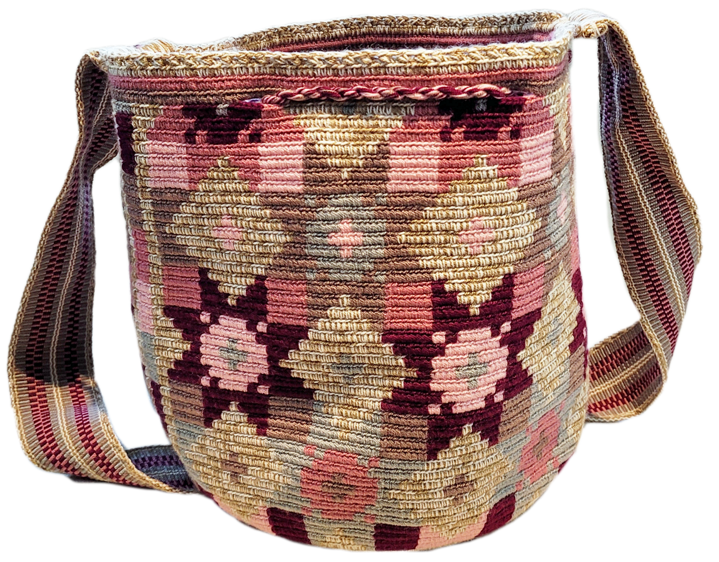 "Colorful Paleteada Crochet Wayuu Bag with metallic threads and adjustable handwoven straps, crafted by Colombian artisans."