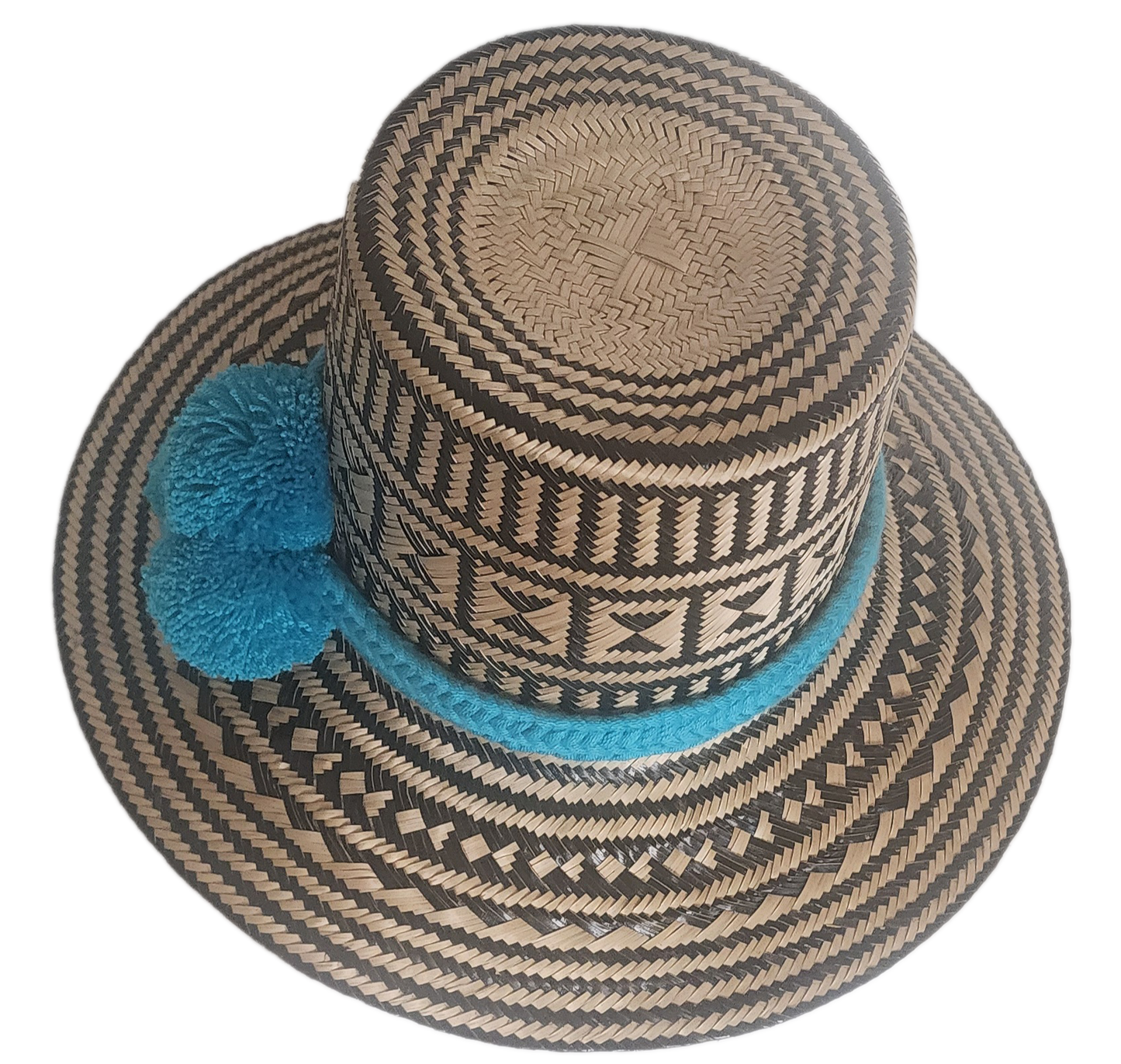 Colorful boho-chick straw hat featuring a turquoise band and pompoms