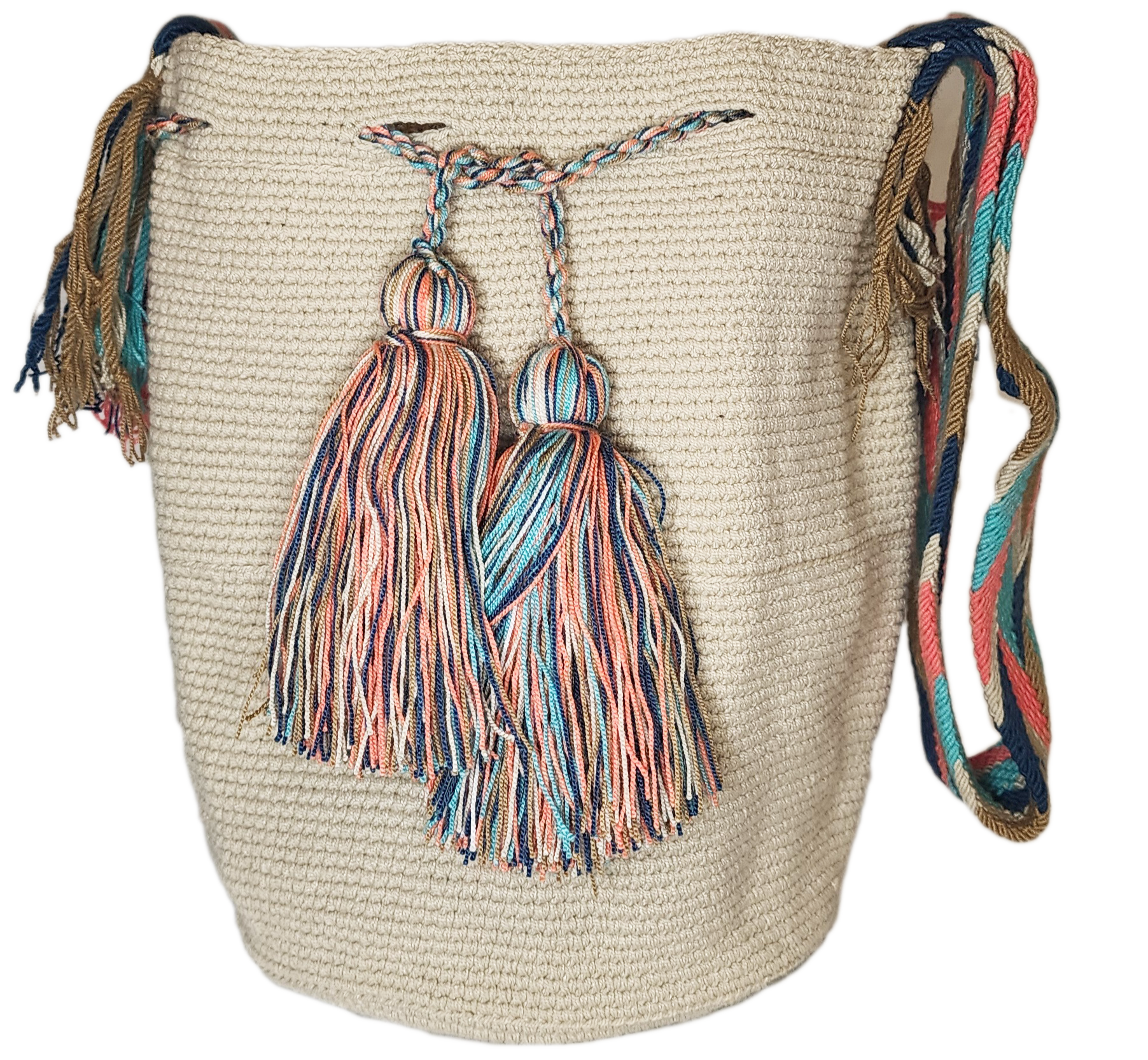 Elegant bohemian crochet bag, handmade by Wayuu artisans, featuring a cream base, multicolor tassels, and a colorful crossbody strap.
