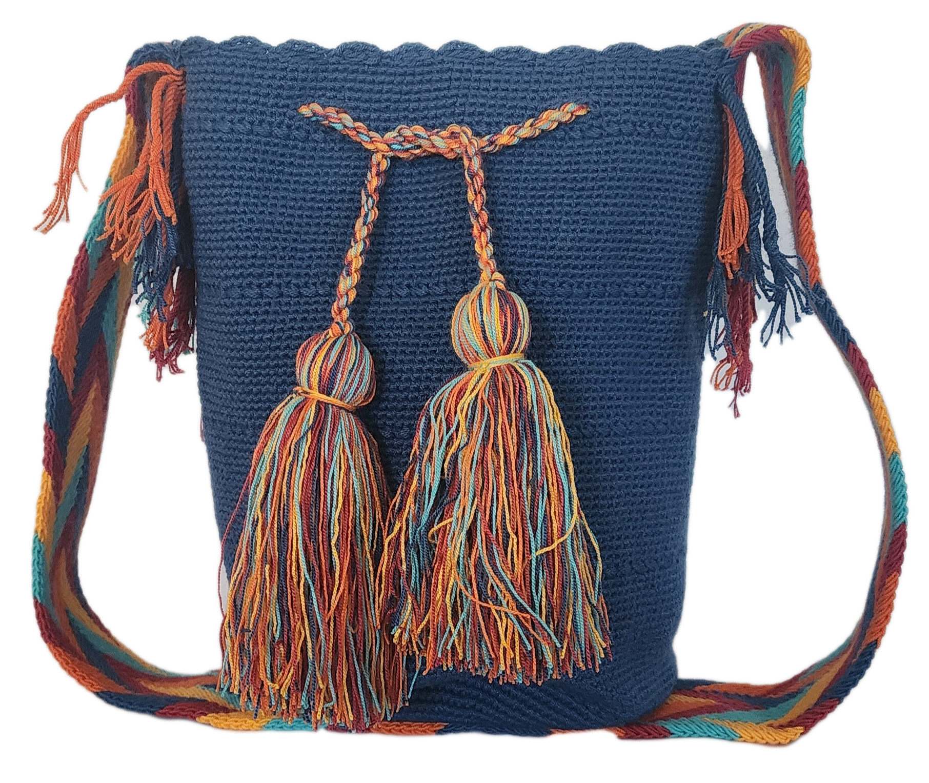 Colorful bohemian crochet bag featuring deep blue weave, bright multicolor accents, and decorative tassels, handmade by Wayuu artisans.