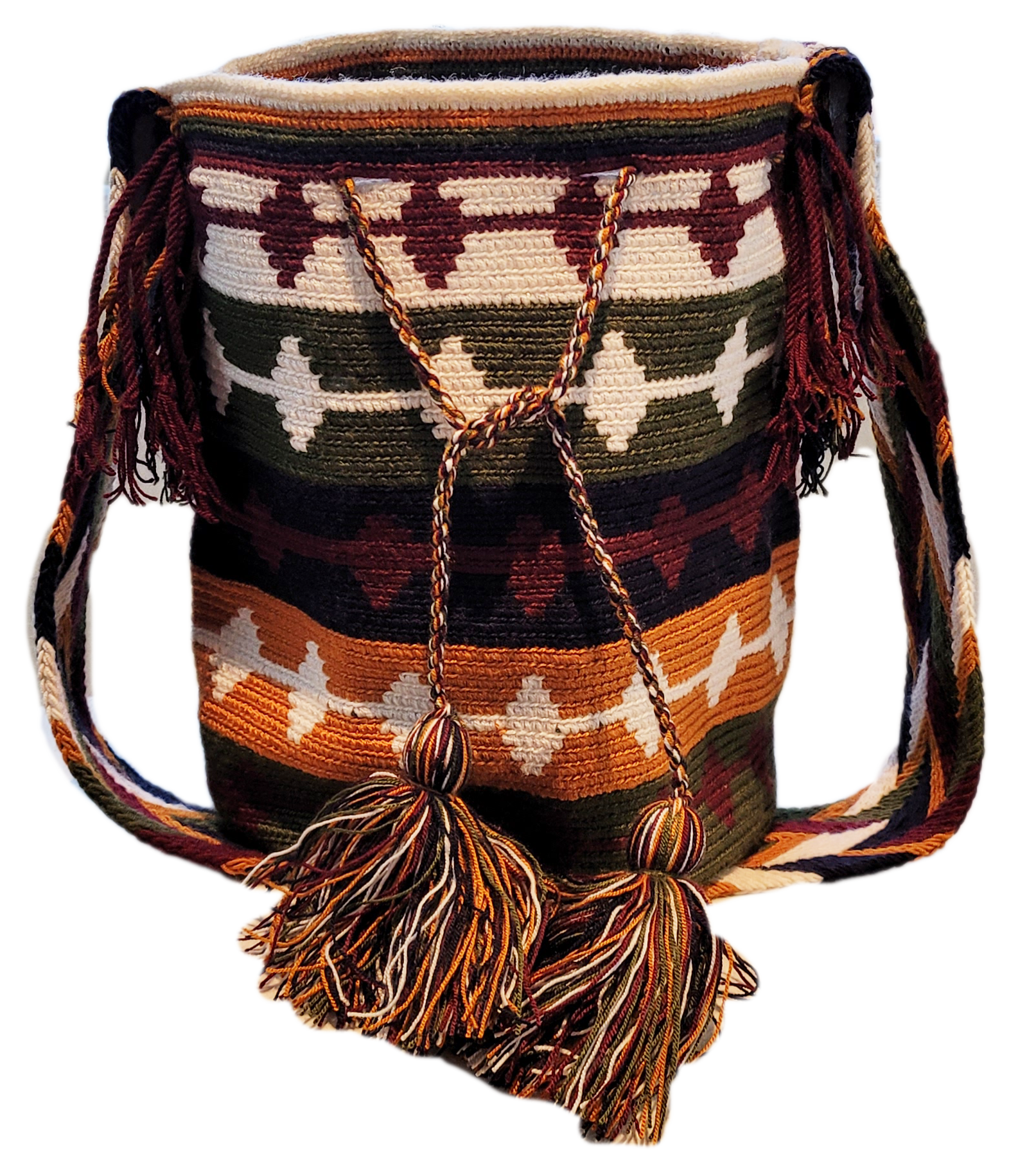 Colorful bohemian crochet bag featuring burgundy, green, orange, and cream patterns with braided crossbody strap and playful tassels.