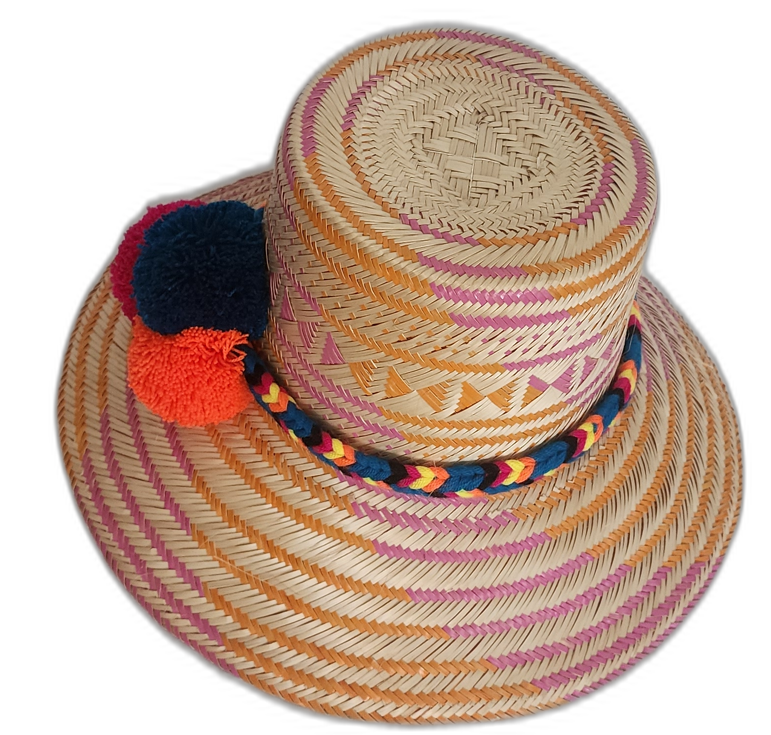 One-of-a-kind bohemian Wayuu straw hat with rich pink-orange tones and eye-catching accents.