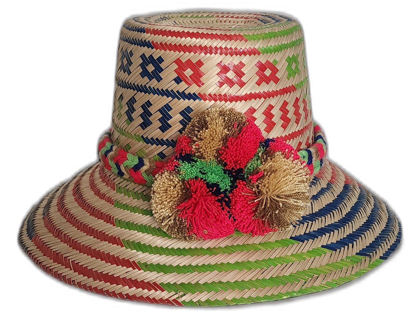 Handmade Wayuu straw hat with red, green, and blue tribal patterns