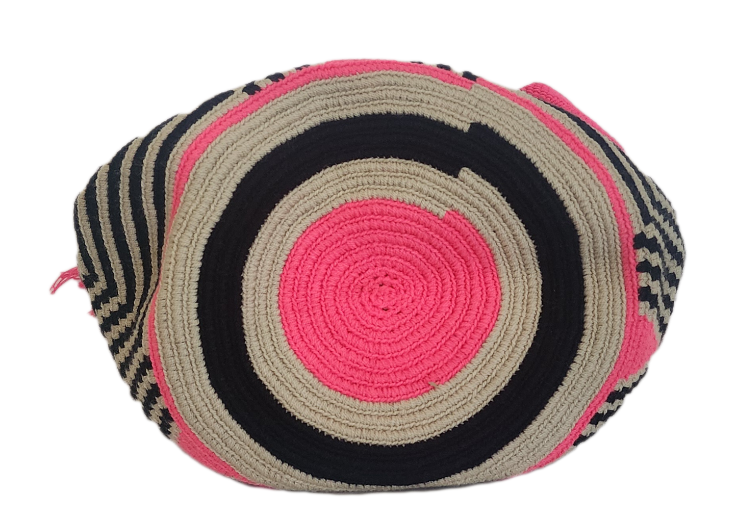 Colorful Wayuu crochet bag with bold pink and black contrast, artisan tassels, and wide strap — a must-have boho-chic accessory.